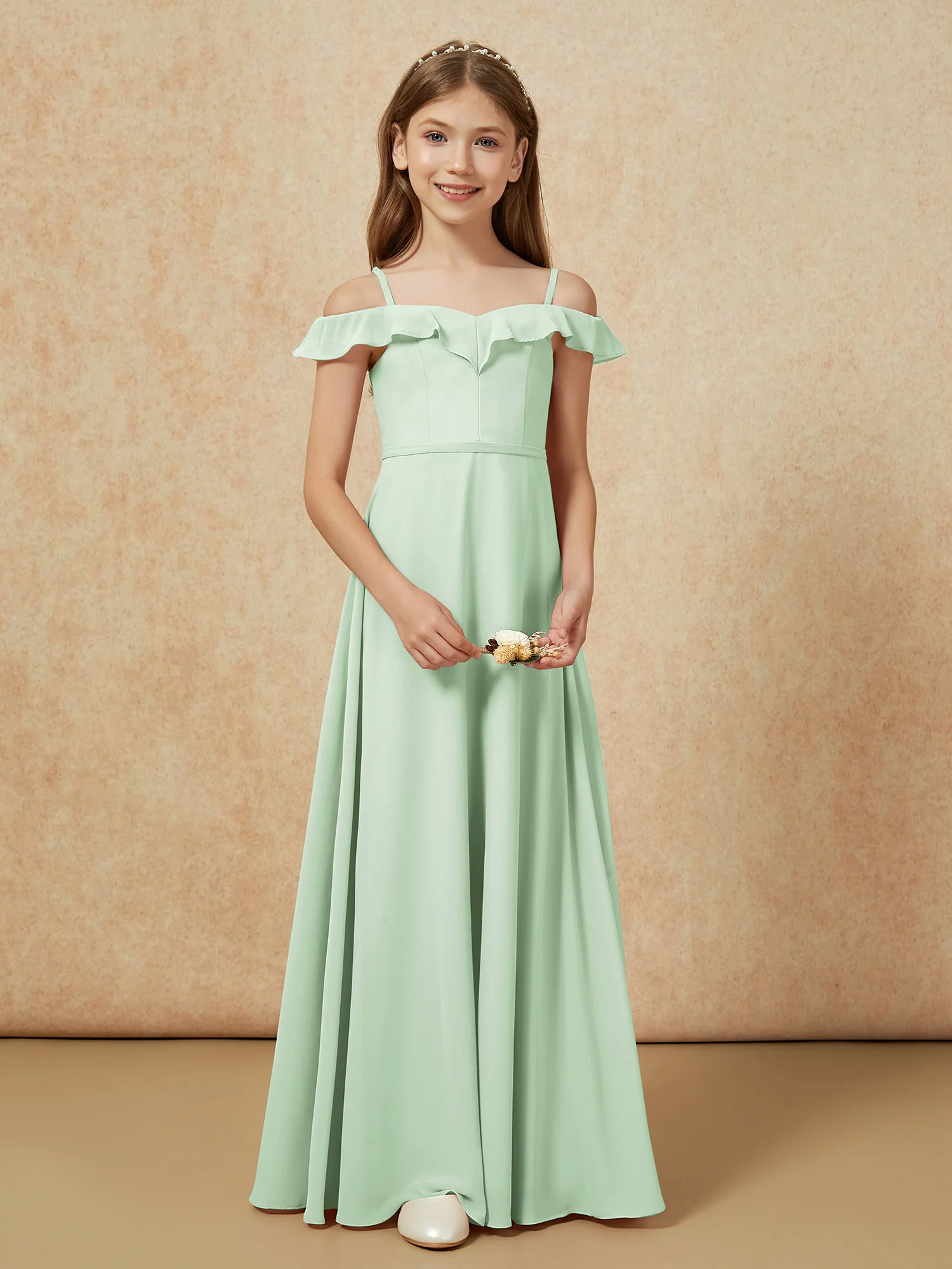 Off-the-shoulder A-Line Junior Bridesmaid Dresses Dusty Sage