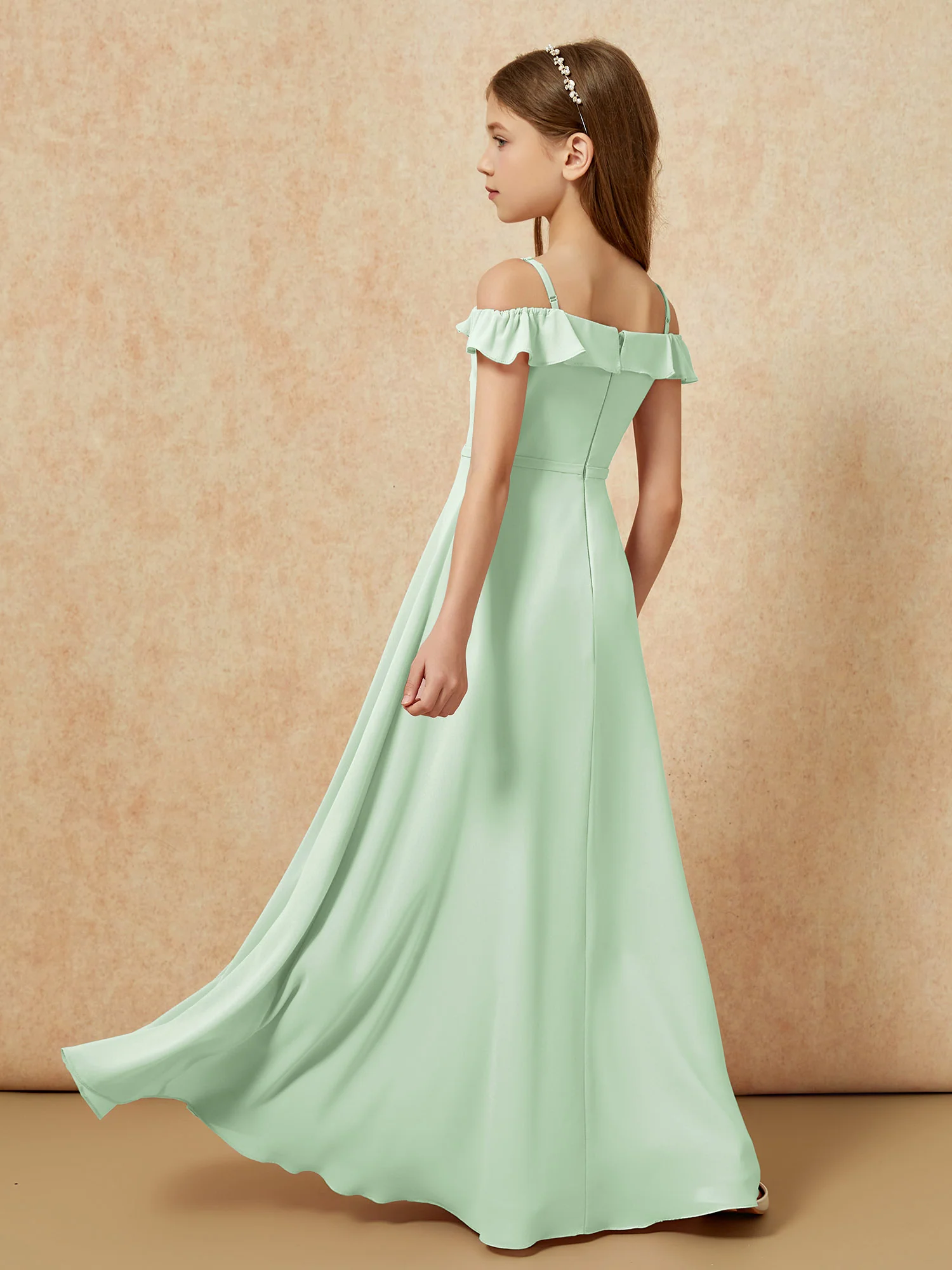 Off-the-shoulder A-Line Junior Bridesmaid Dresses Dusty Sage - Image 2