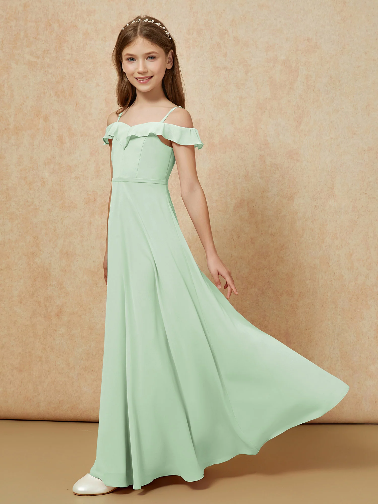 Off-the-shoulder A-Line Junior Bridesmaid Dresses Dusty Sage - Image 3
