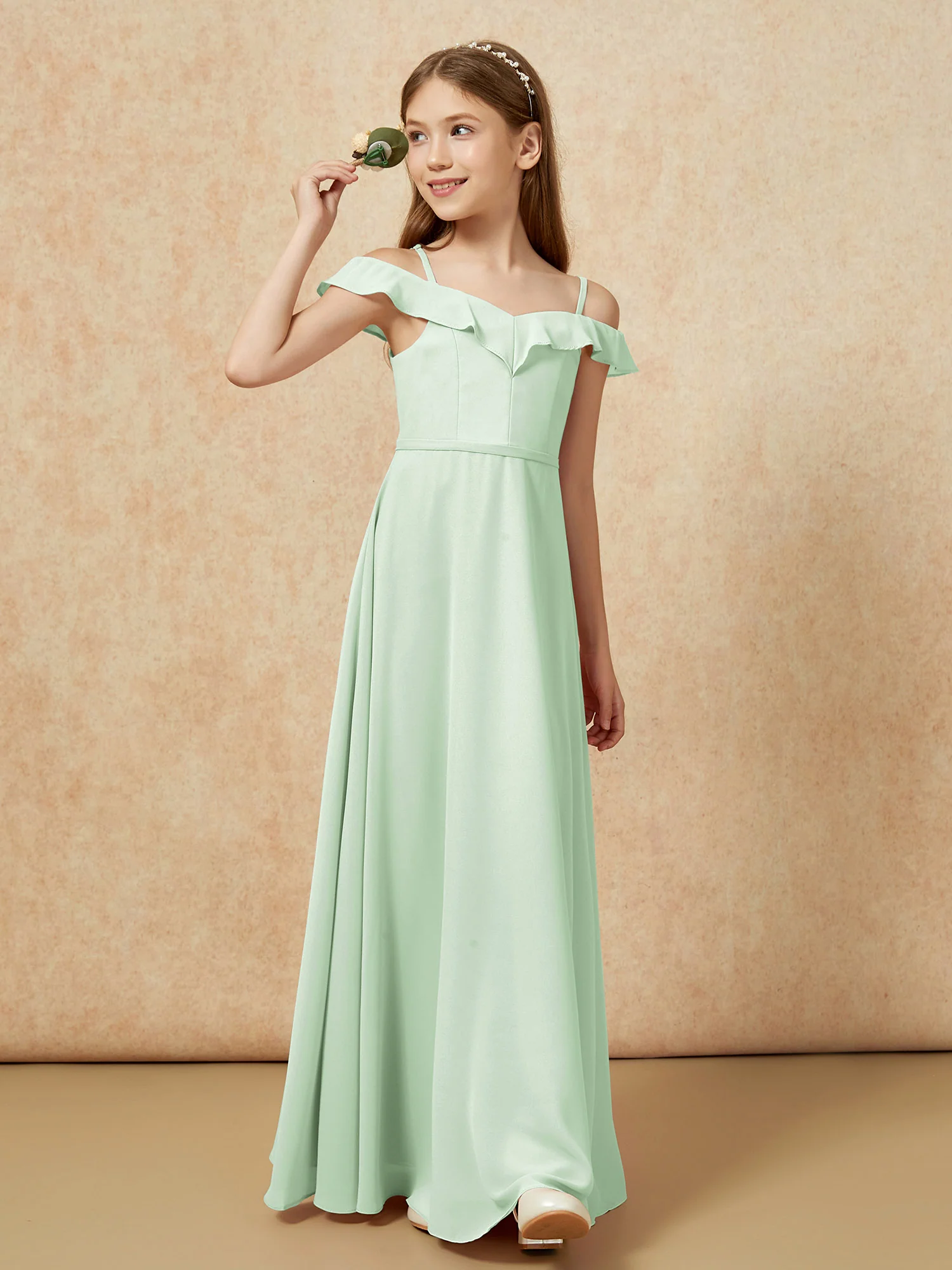 Off-the-shoulder A-Line Junior Bridesmaid Dresses Dusty Sage - Image 4