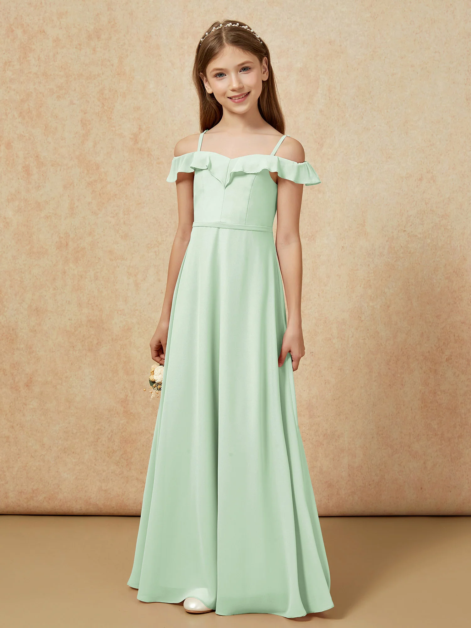 Off-the-shoulder A-Line Junior Bridesmaid Dresses Dusty Sage - Image 5