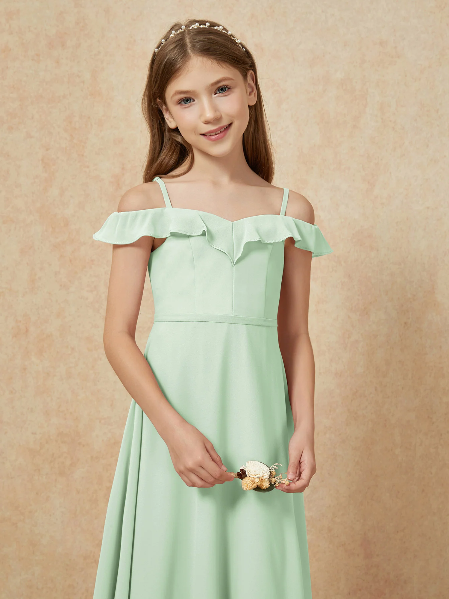 Off-the-shoulder A-Line Junior Bridesmaid Dresses Dusty Sage - Image 6