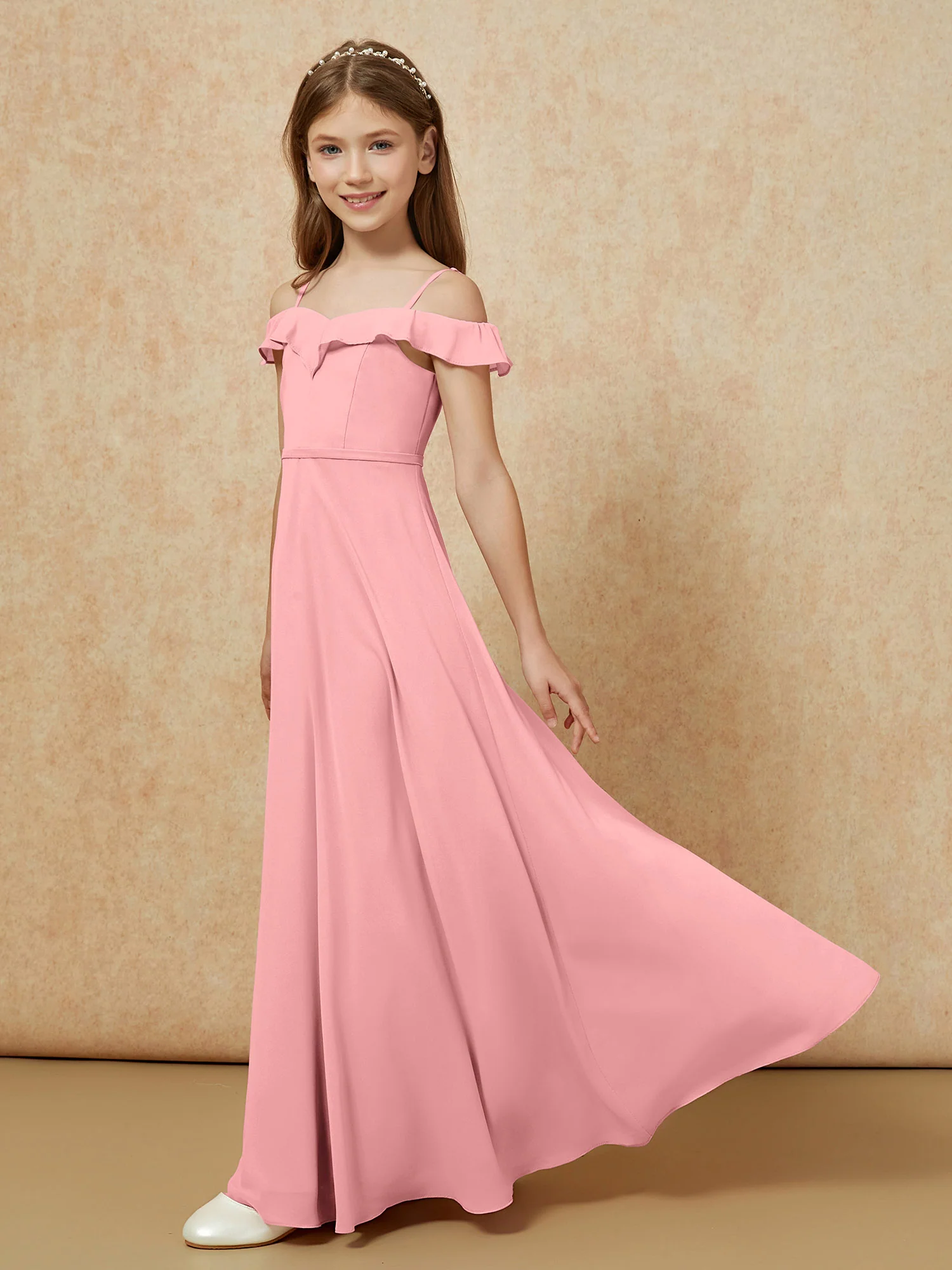 Off-the-shoulder A-Line Junior Bridesmaid Dresses Flamingo - Image 3