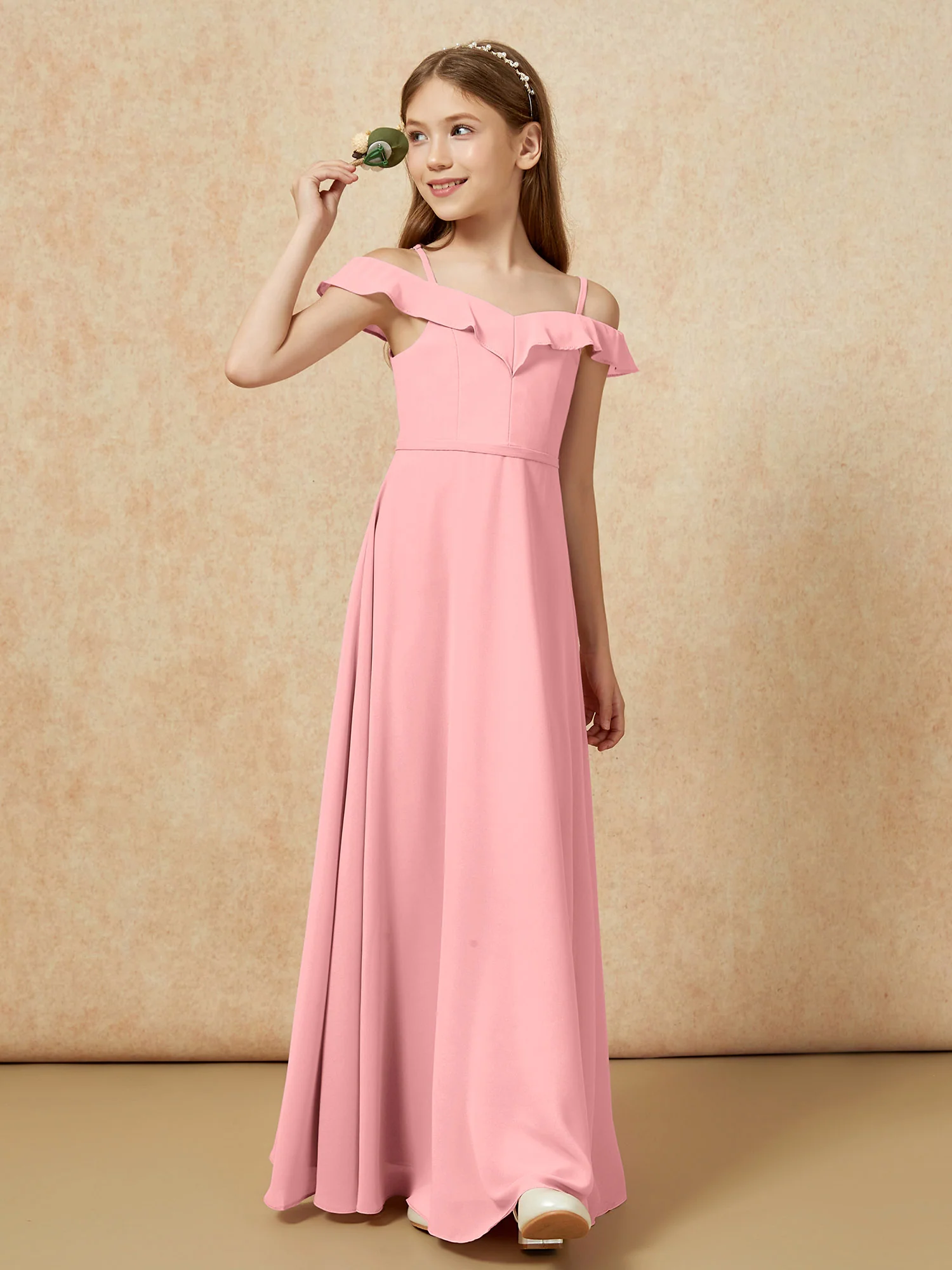 Off-the-shoulder A-Line Junior Bridesmaid Dresses Flamingo - Image 4