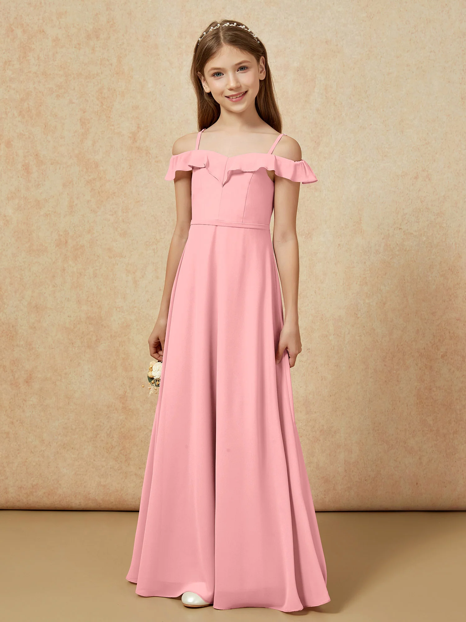 Off-the-shoulder A-Line Junior Bridesmaid Dresses Flamingo - Image 5