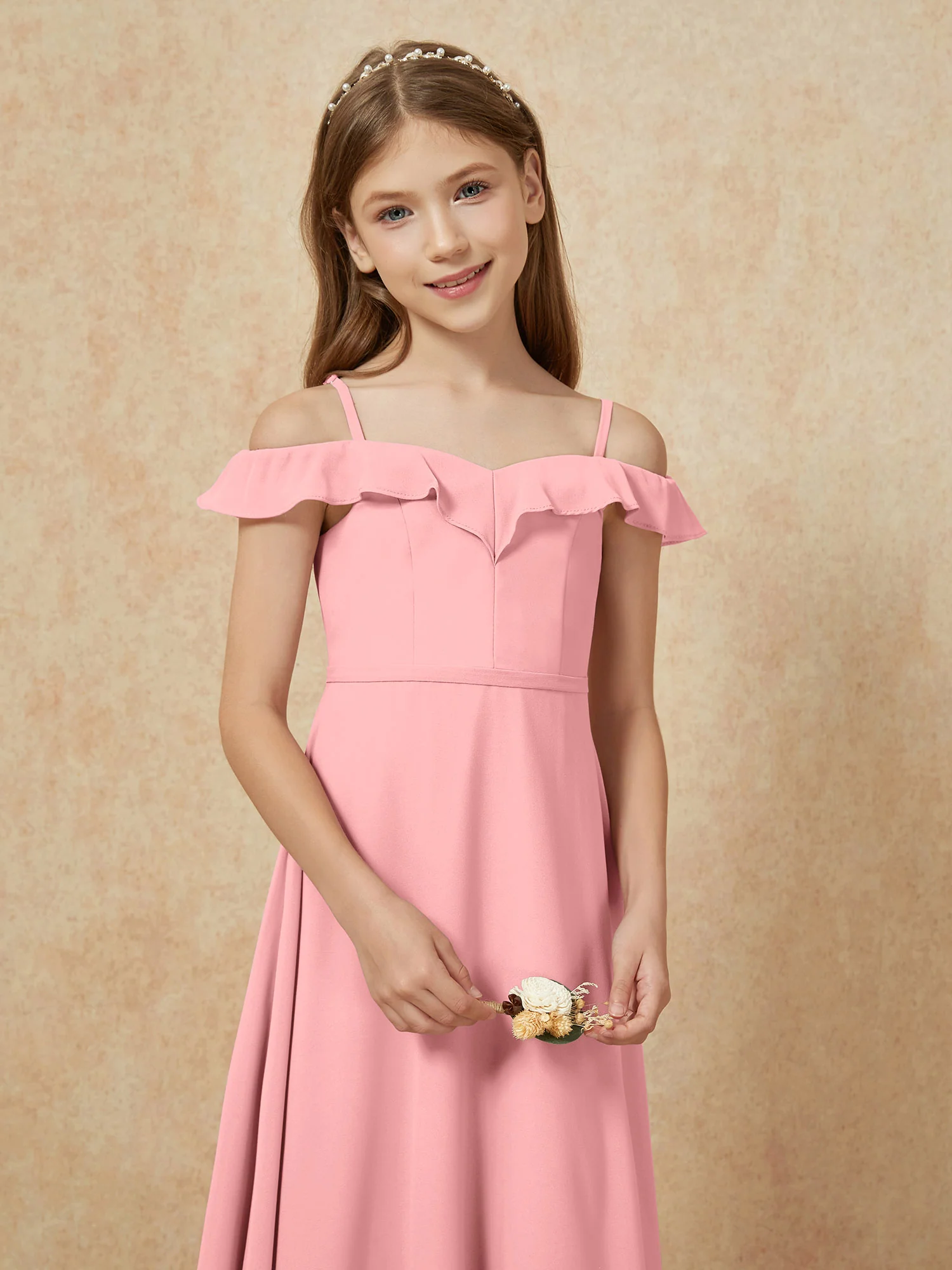 Off-the-shoulder A-Line Junior Bridesmaid Dresses Flamingo - Image 6