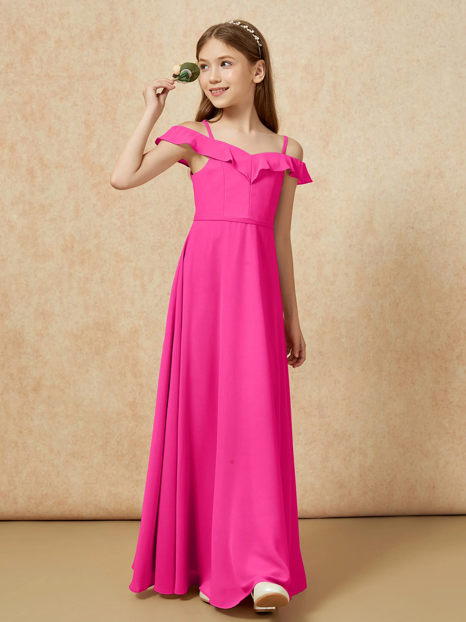 Off-the-shoulder A-Line Junior Bridesmaid Dresses Fuchsia - Image 4