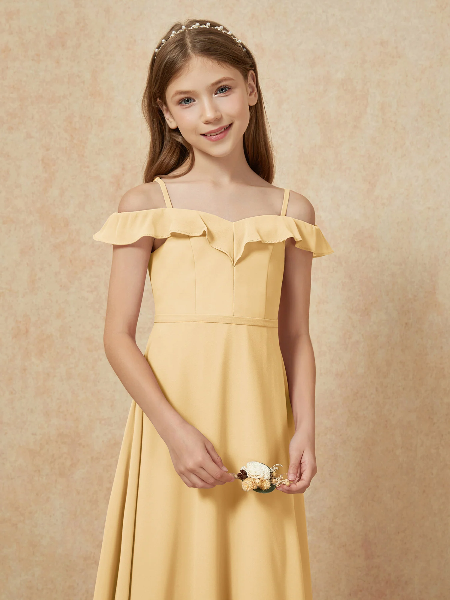 Off-the-shoulder A-Line Junior Bridesmaid Dresses Gold - Image 6
