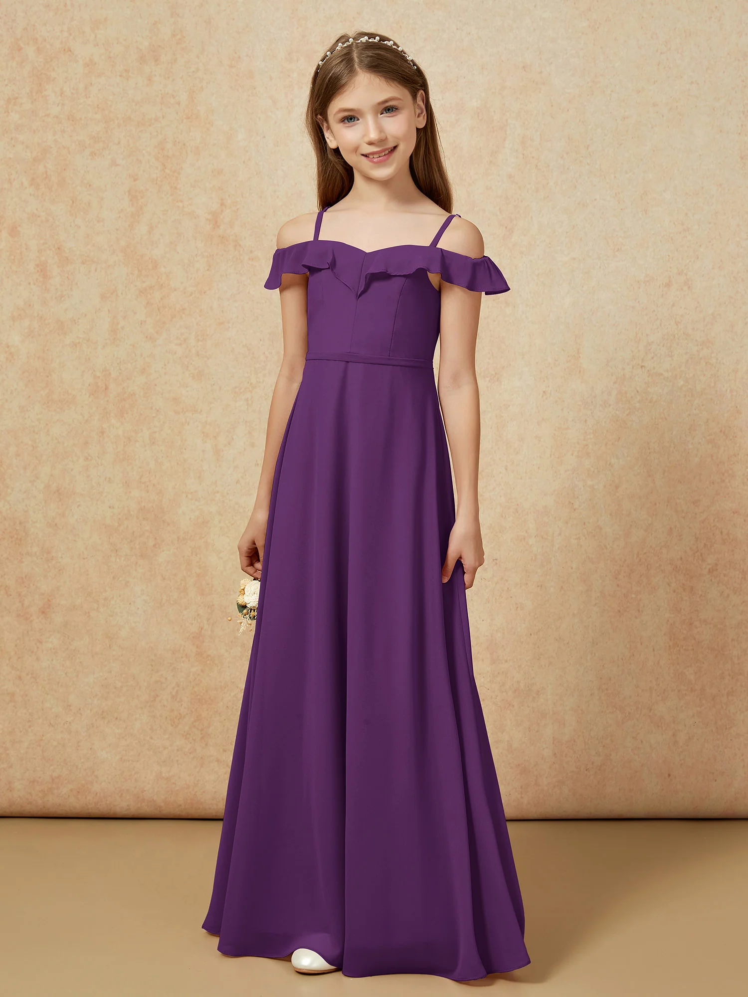 Off-the-shoulder A-Line Junior Bridesmaid Dresses Grape - Image 5