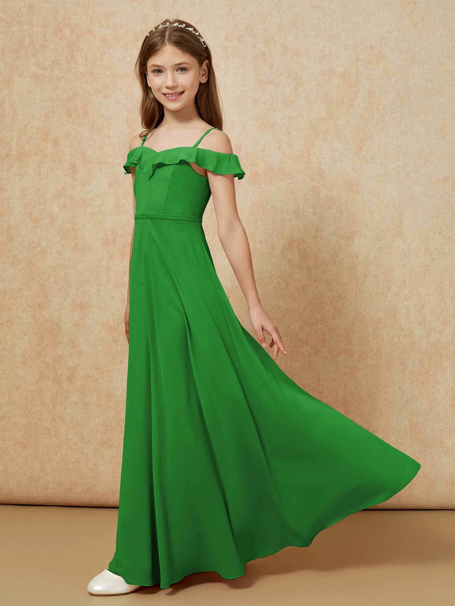 Off-the-shoulder A-Line Junior Bridesmaid Dresses Green - Image 3