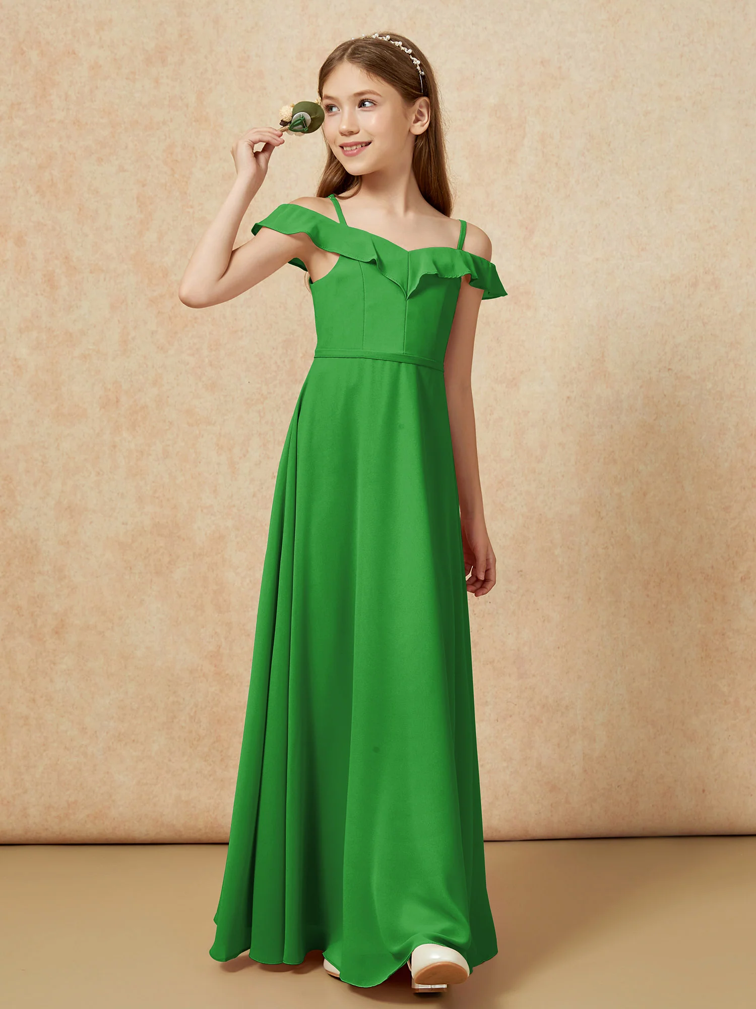 Off-the-shoulder A-Line Junior Bridesmaid Dresses Green - Image 4