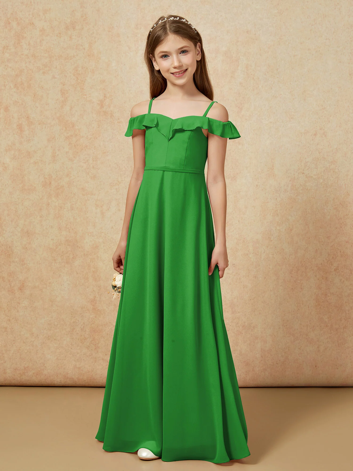 Off-the-shoulder A-Line Junior Bridesmaid Dresses Green - Image 5