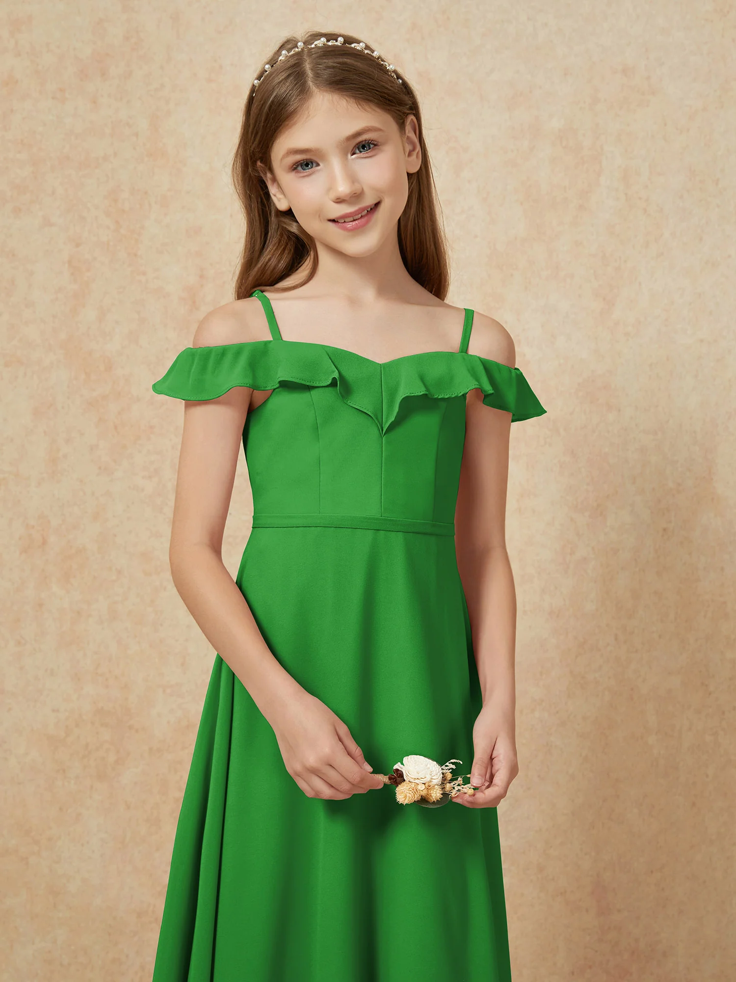 Off-the-shoulder A-Line Junior Bridesmaid Dresses Green - Image 6