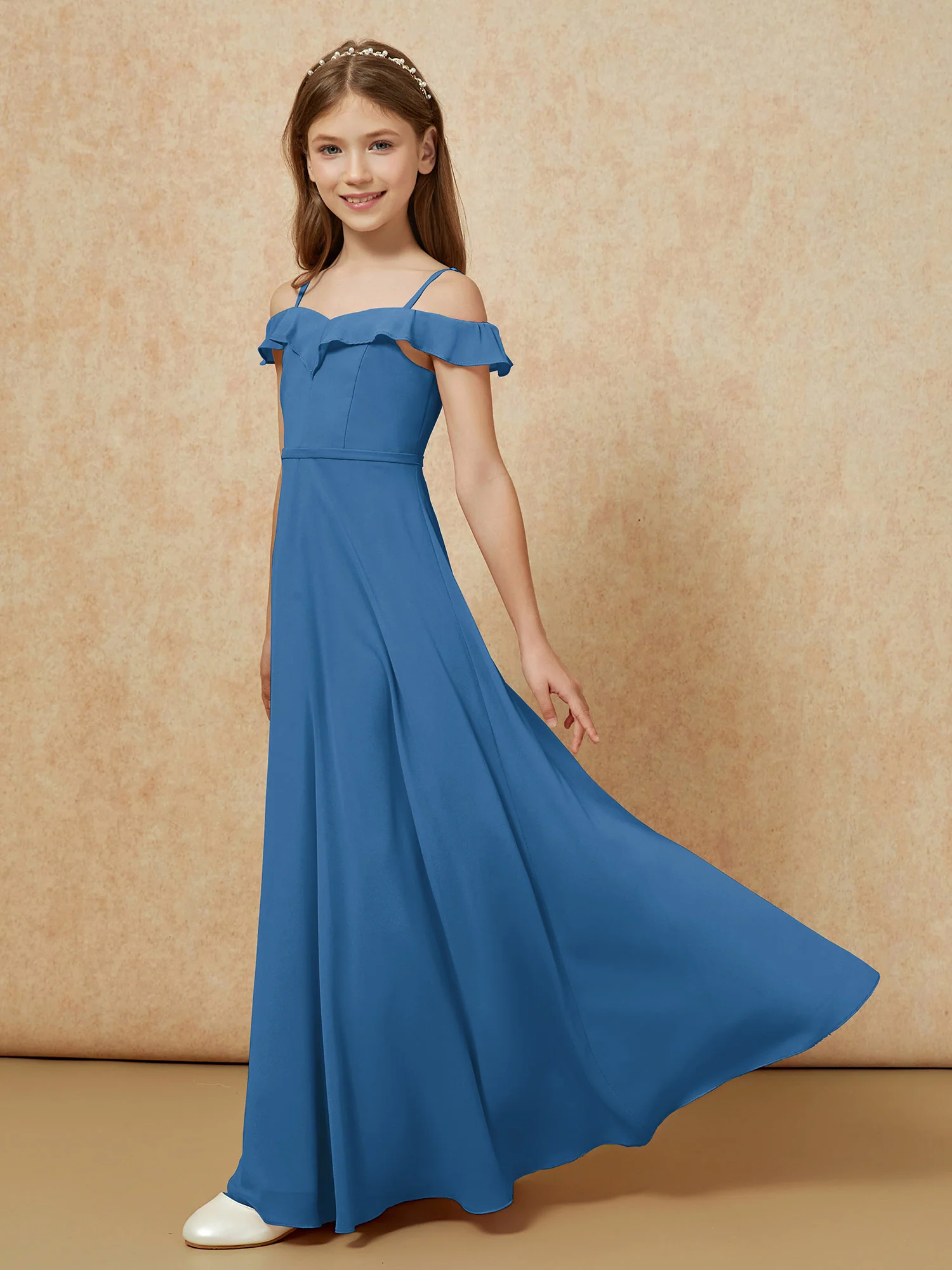 Off-the-shoulder A-Line Junior Bridesmaid Dresses Ink Blue - Image 3
