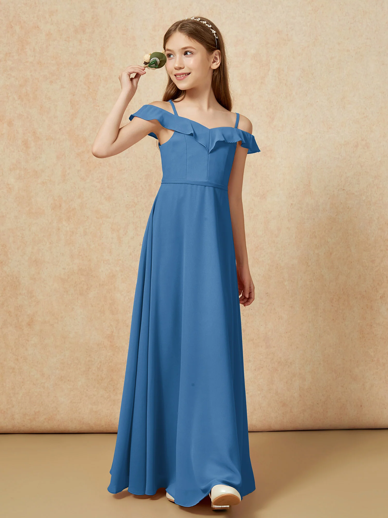 Off-the-shoulder A-Line Junior Bridesmaid Dresses Ink Blue - Image 4