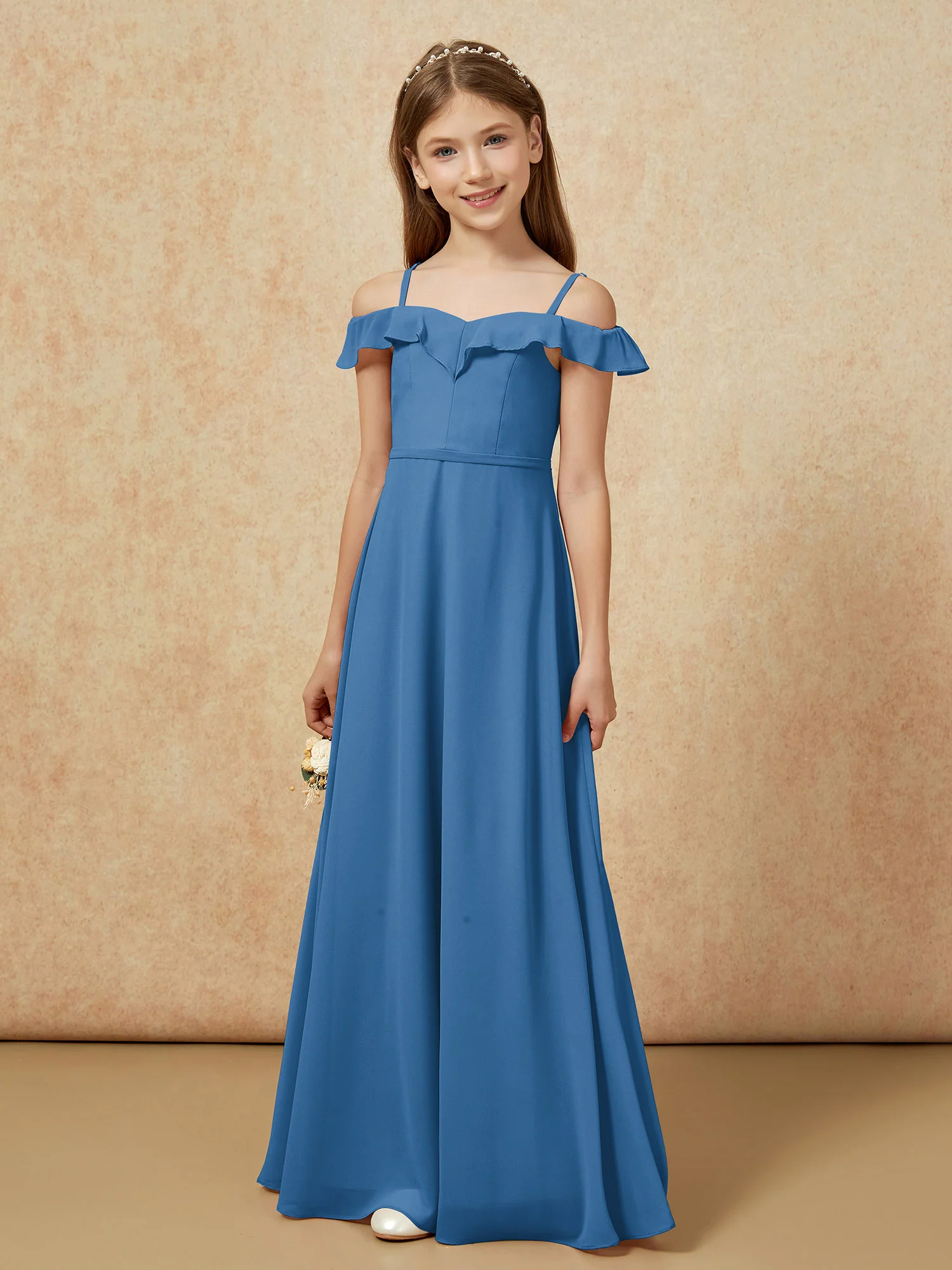 Off-the-shoulder A-Line Junior Bridesmaid Dresses Ink Blue - Image 5