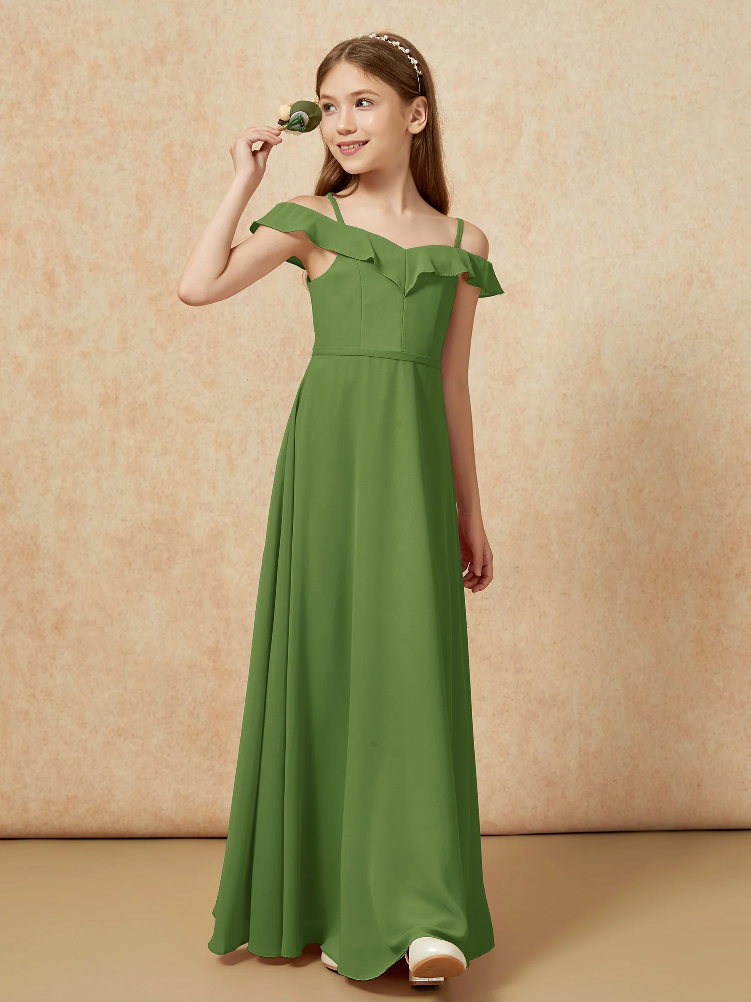 Off-the-shoulder A-Line Junior Bridesmaid Dresses Moss - Image 4