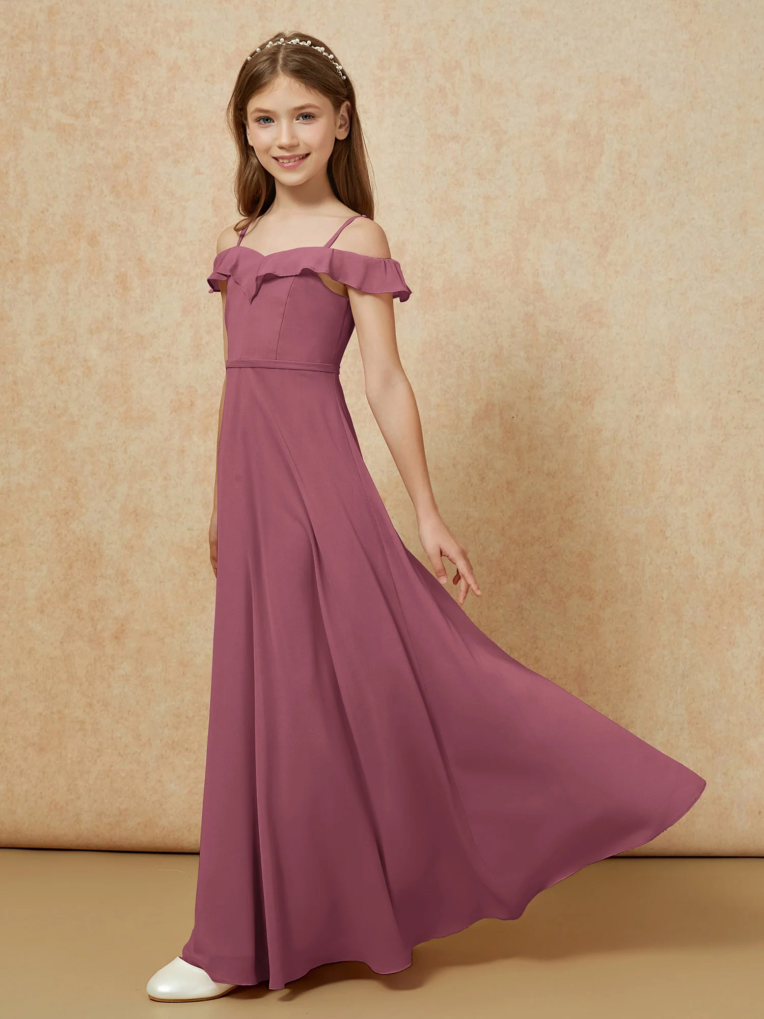 Off-the-shoulder A-Line Junior Bridesmaid Dresses Mulberry - Image 3