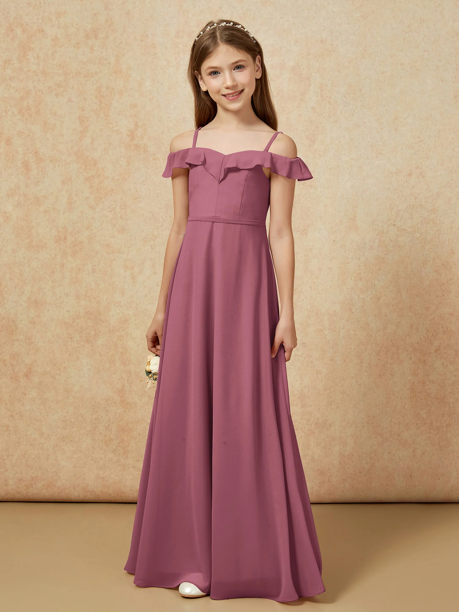 Off-the-shoulder A-Line Junior Bridesmaid Dresses Mulberry - Image 5