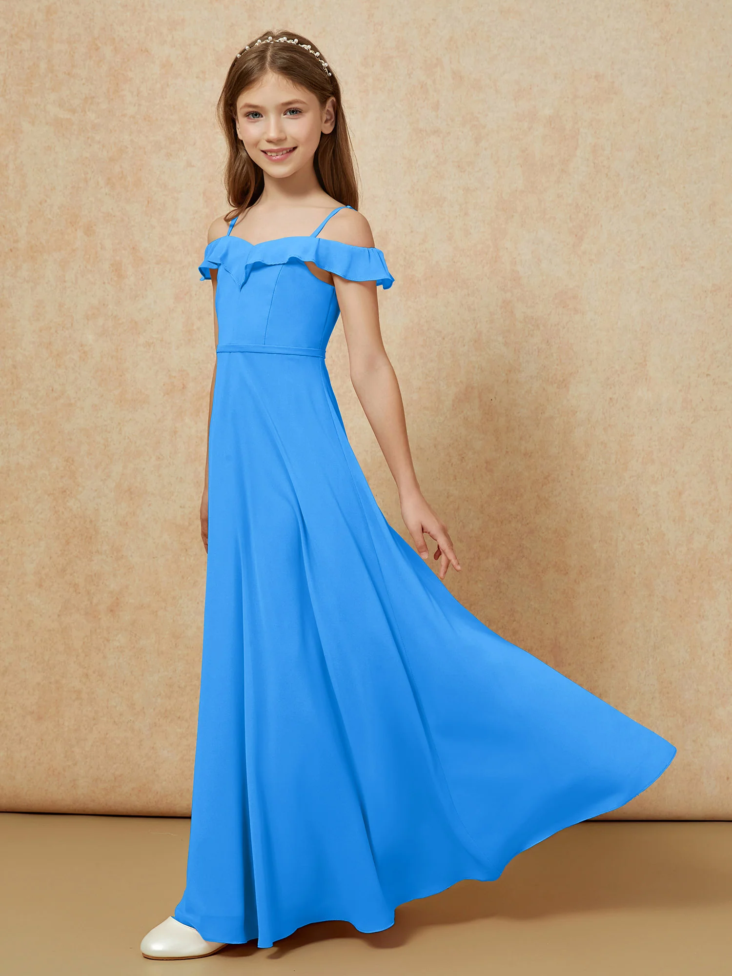 Off-the-shoulder A-Line Junior Bridesmaid Dresses Ocean Blue - Image 3