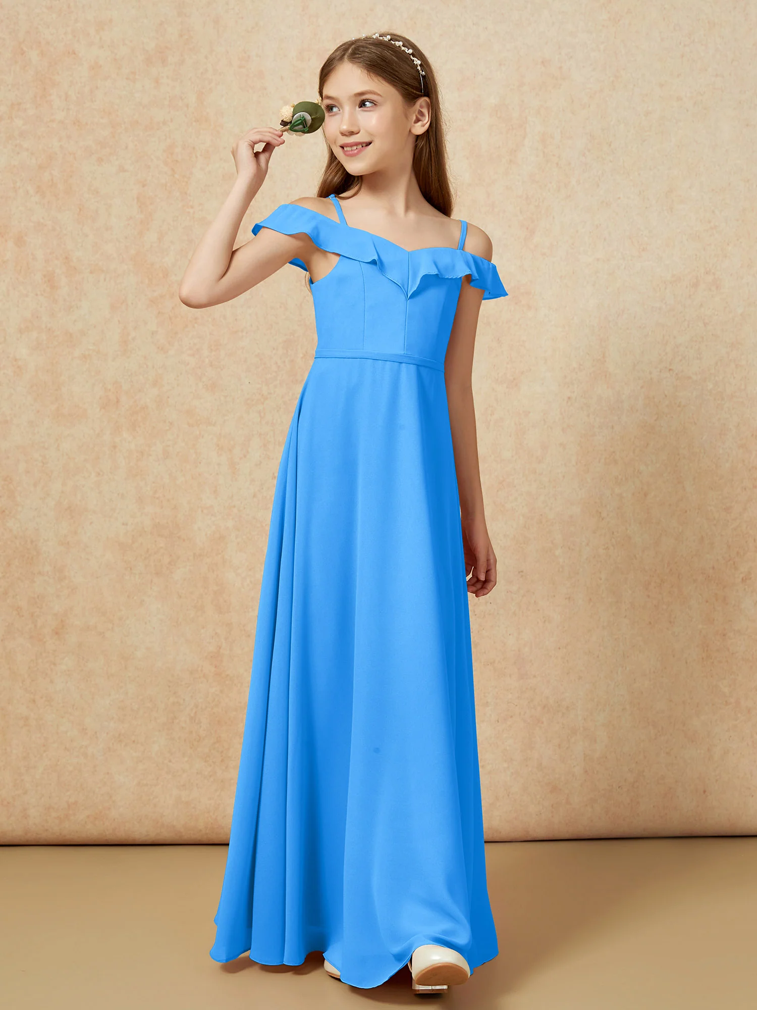 Off-the-shoulder A-Line Junior Bridesmaid Dresses Ocean Blue - Image 4