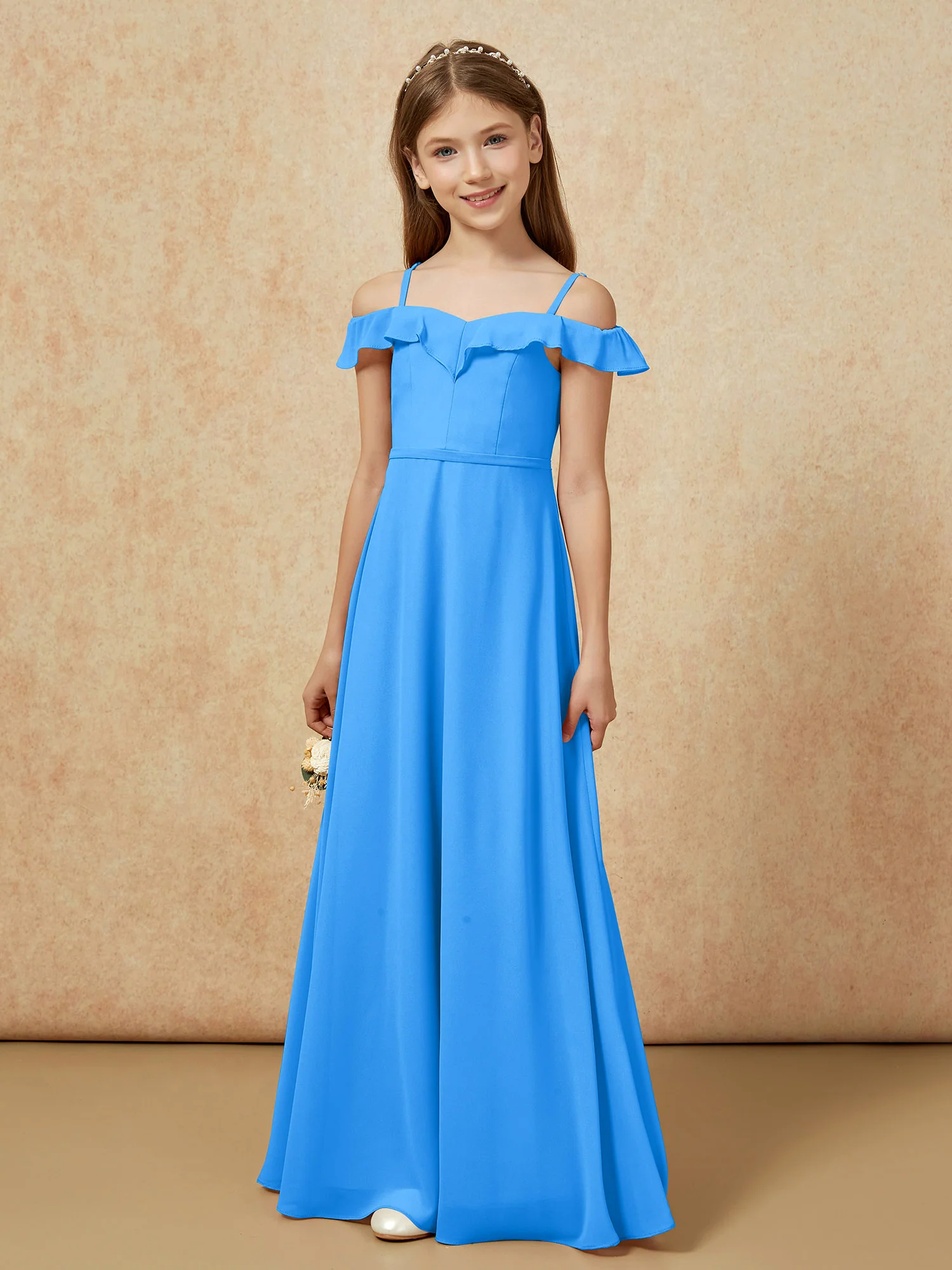 Off-the-shoulder A-Line Junior Bridesmaid Dresses Ocean Blue - Image 5
