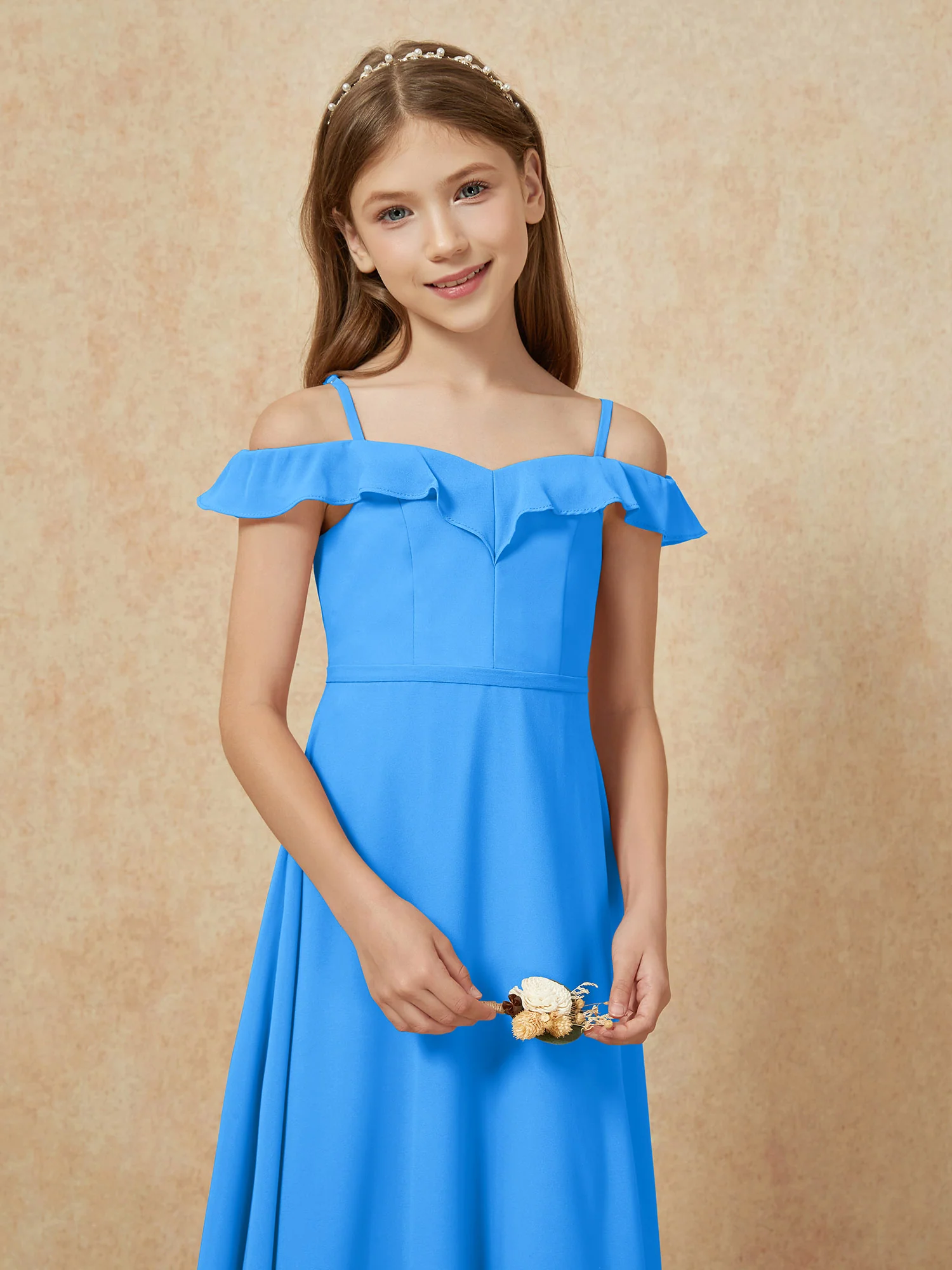 Off-the-shoulder A-Line Junior Bridesmaid Dresses Ocean Blue - Image 6