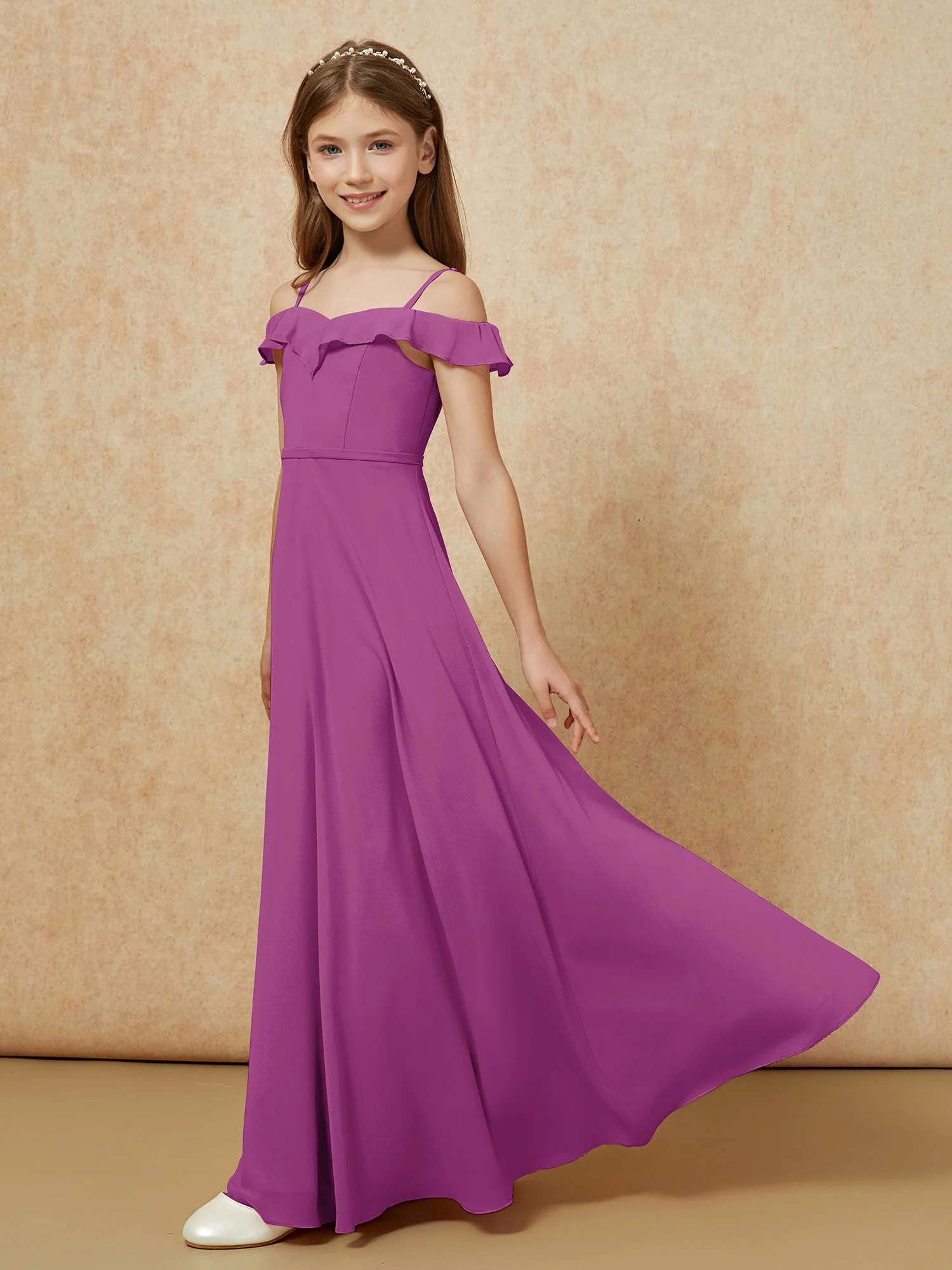 Off-the-shoulder A-Line Junior Bridesmaid Dresses Orchid - Image 3