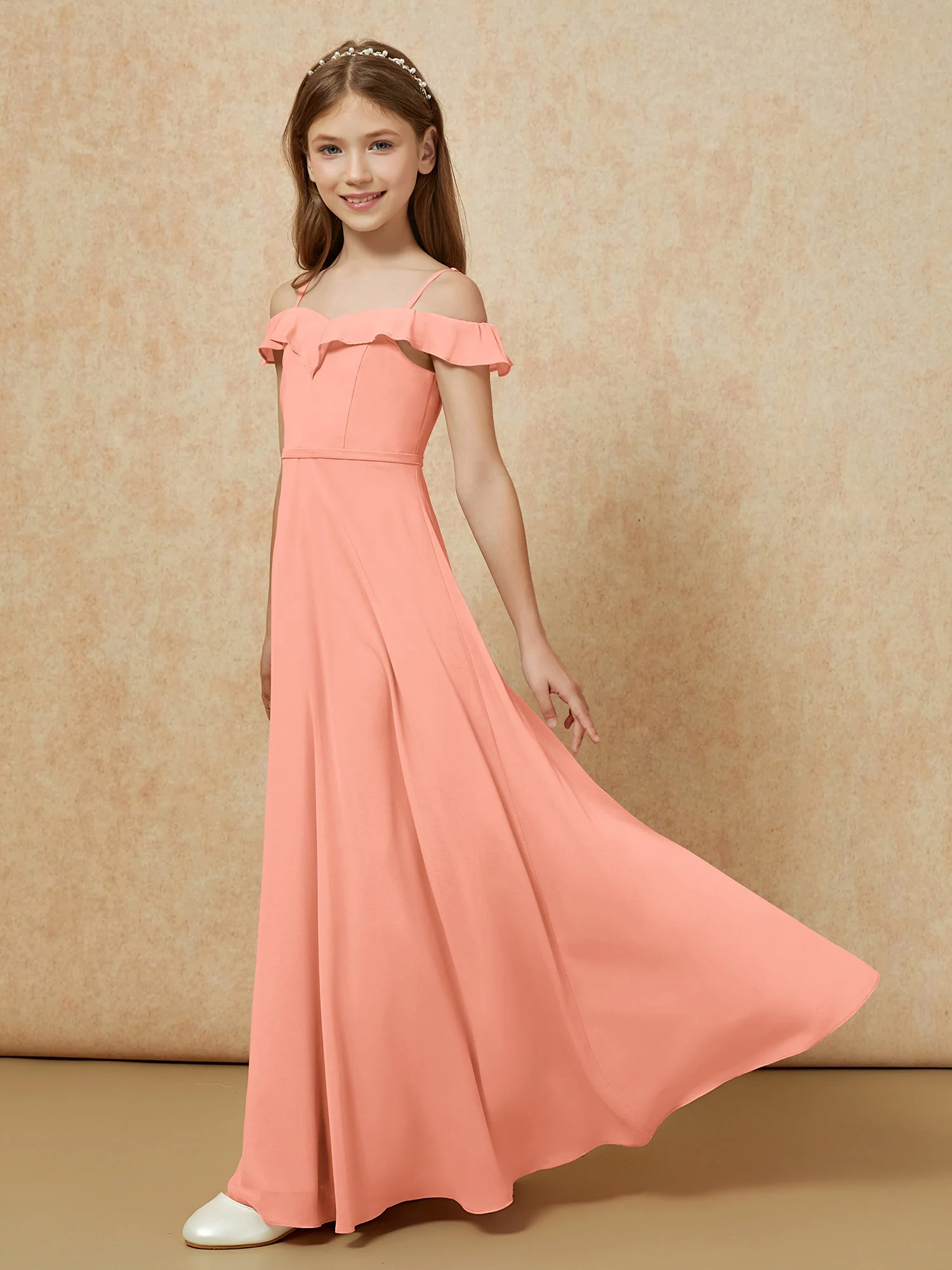 Off-the-shoulder A-Line Junior Bridesmaid Dresses Papaya - Image 3