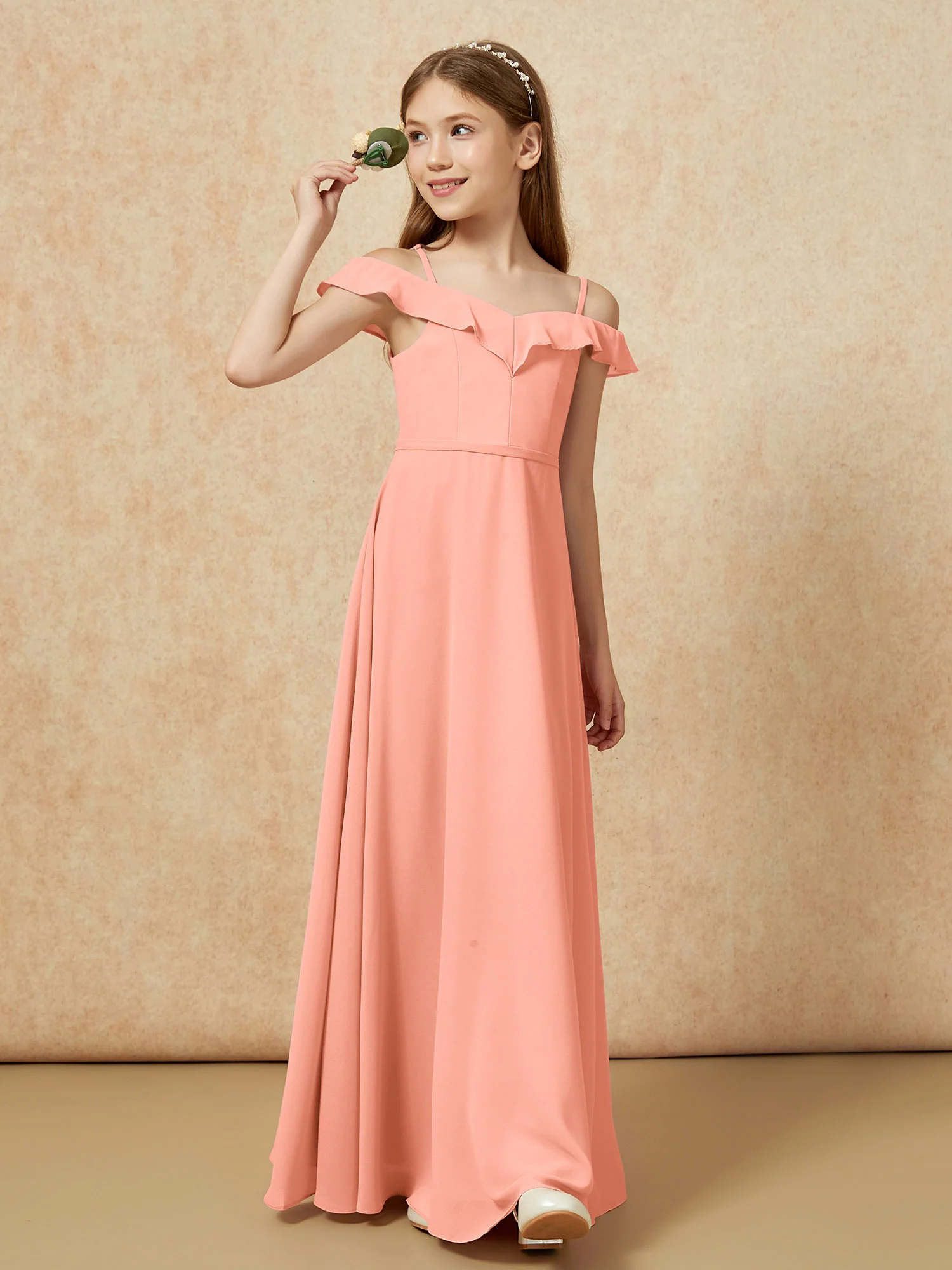 Off-the-shoulder A-Line Junior Bridesmaid Dresses Papaya - Image 4