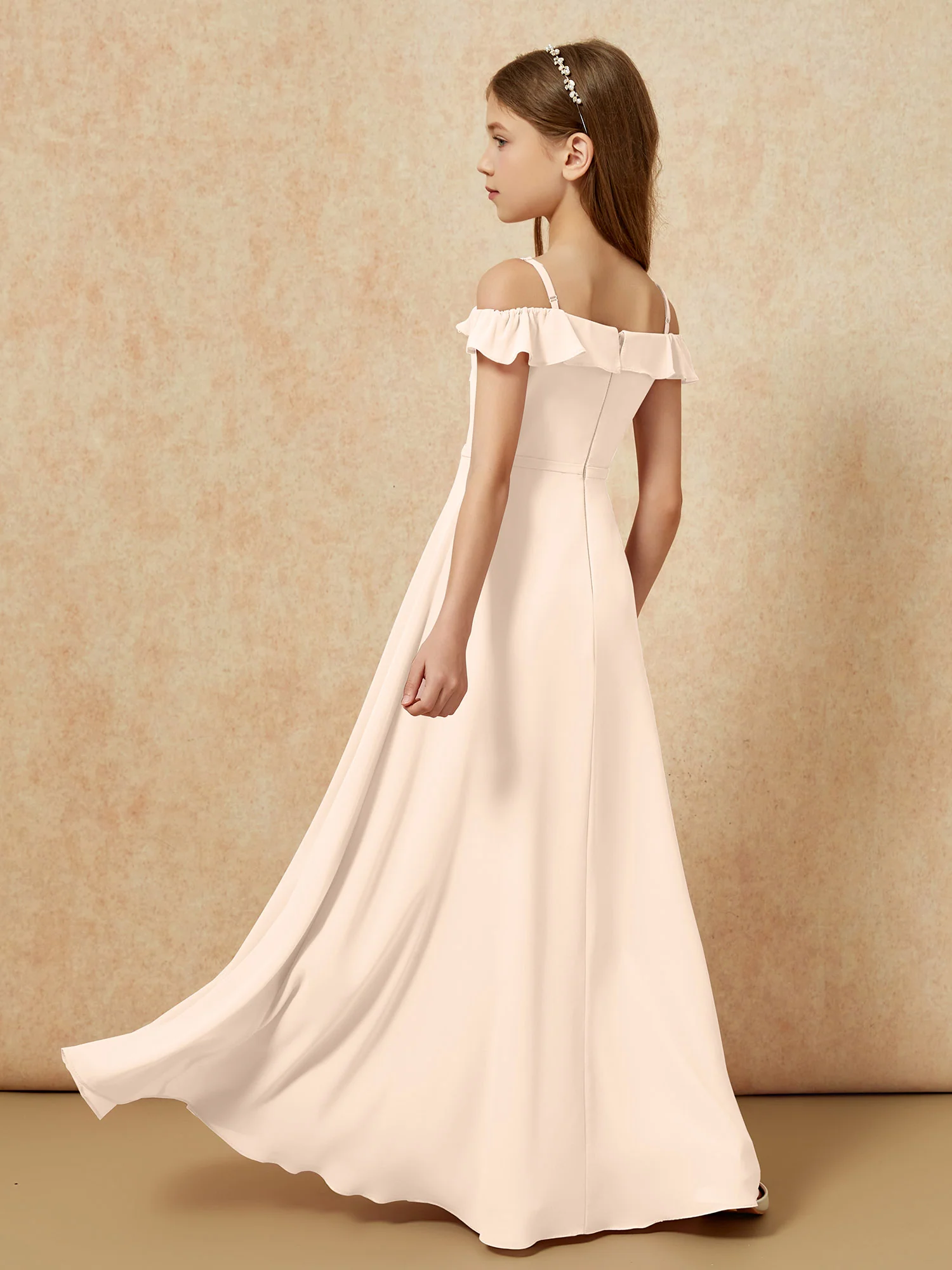 Off-the-shoulder A-Line Junior Bridesmaid Dresses Peach - Image 2