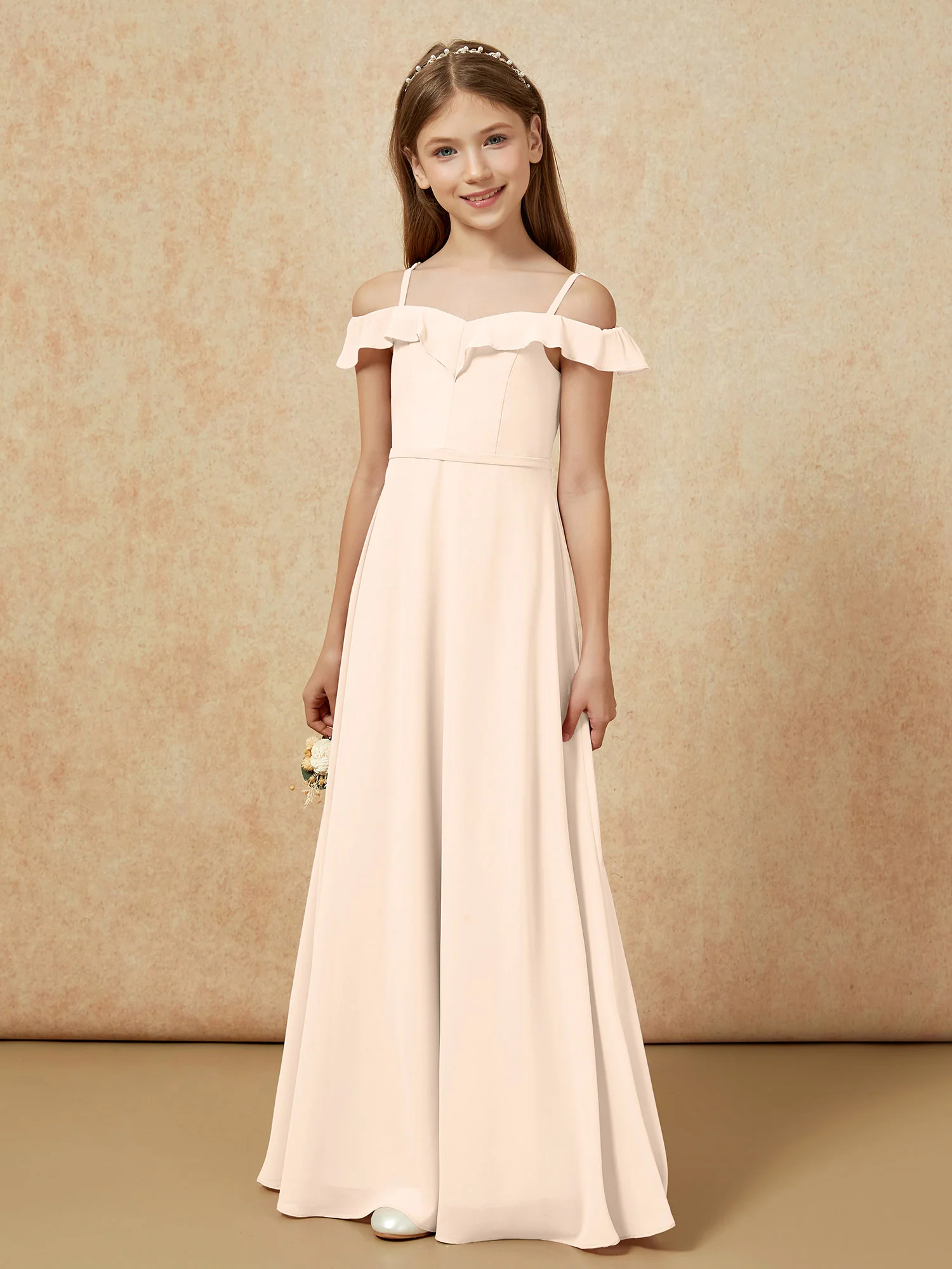 Off-the-shoulder A-Line Junior Bridesmaid Dresses Peach - Image 5