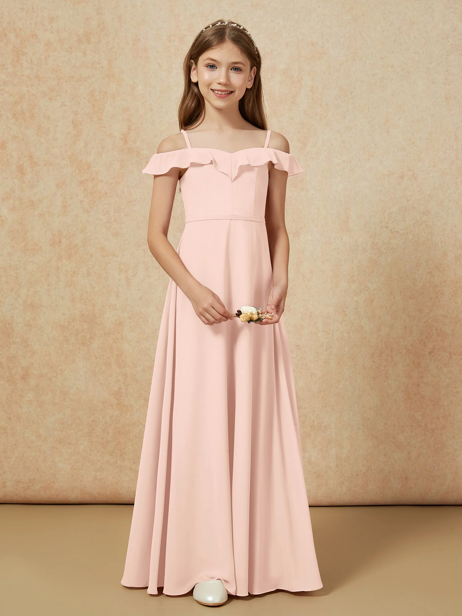 Off-the-shoulder A-Line Junior Bridesmaid Dresses Pearl Pink