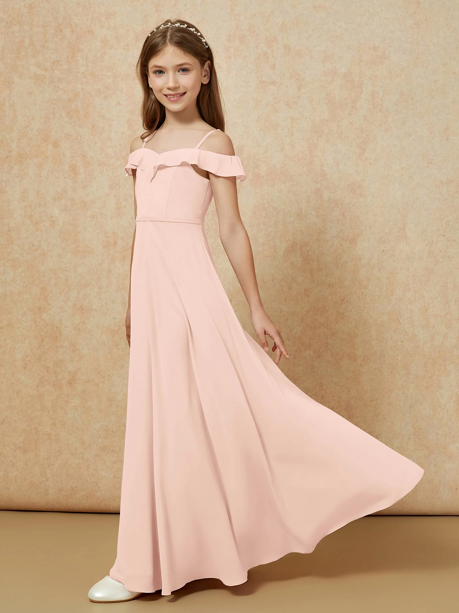 Off-the-shoulder A-Line Junior Bridesmaid Dresses Pearl Pink - Image 3