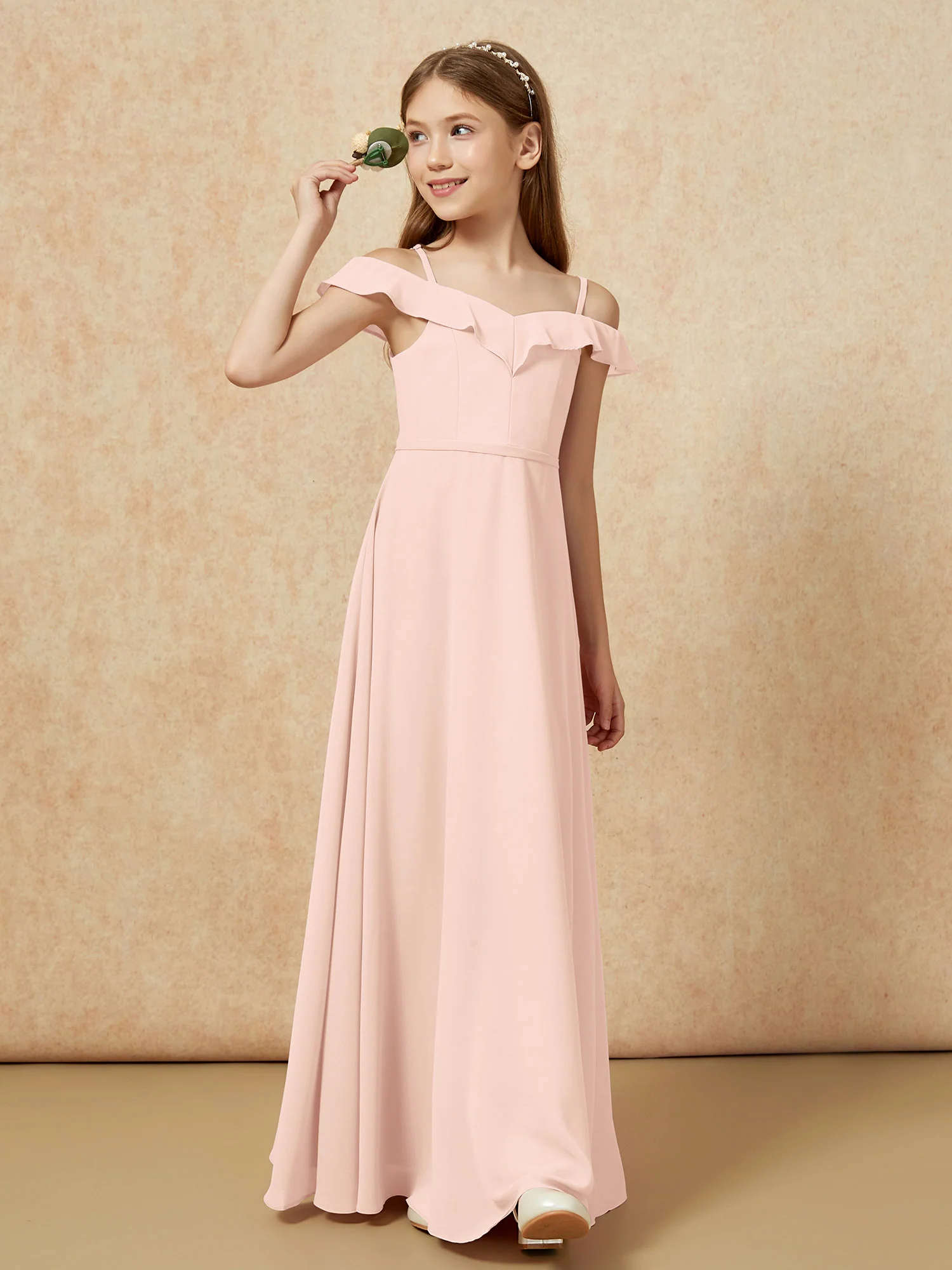 Off-the-shoulder A-Line Junior Bridesmaid Dresses Pearl Pink - Image 4