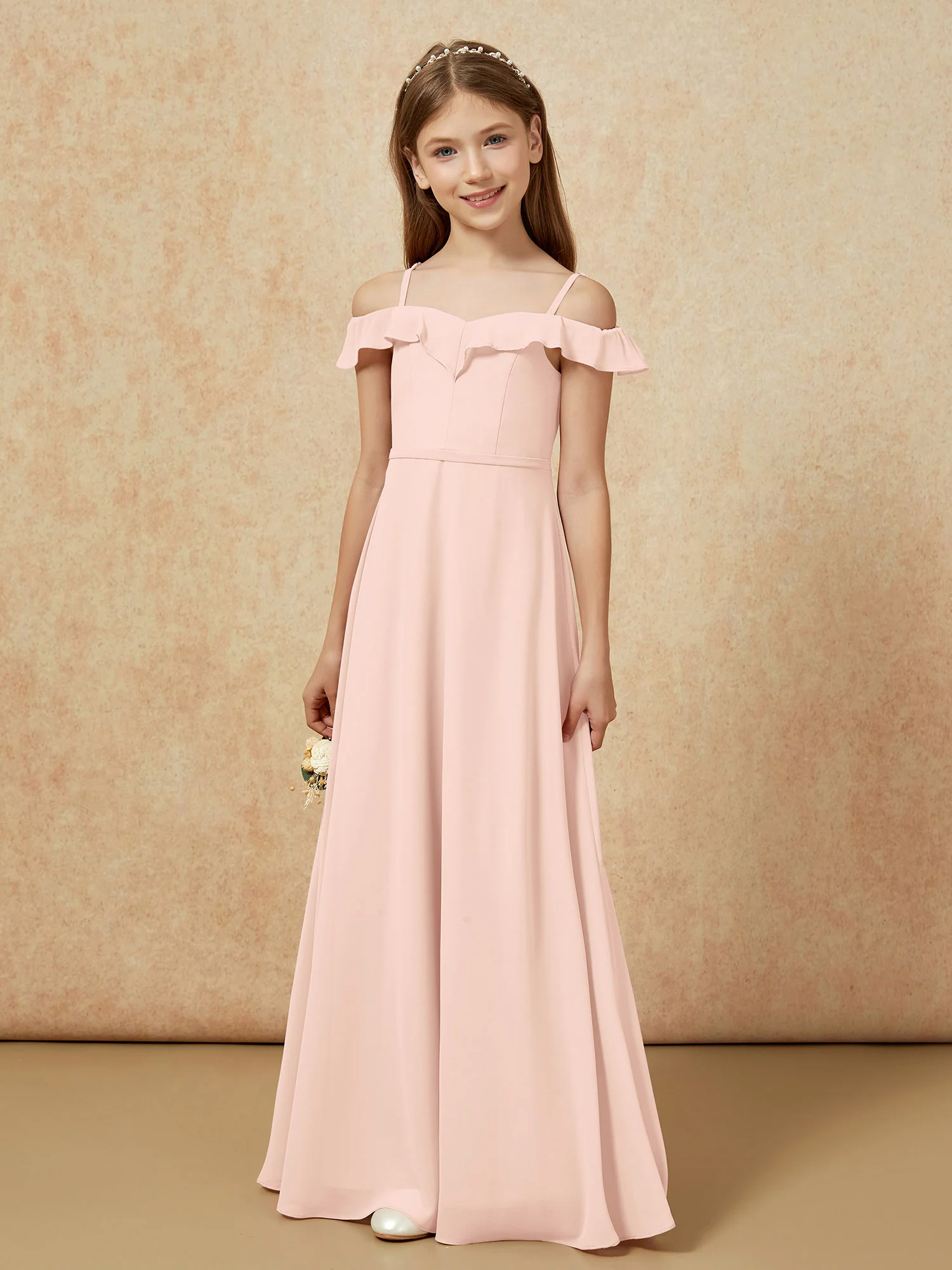 Off-the-shoulder A-Line Junior Bridesmaid Dresses Pearl Pink - Image 5