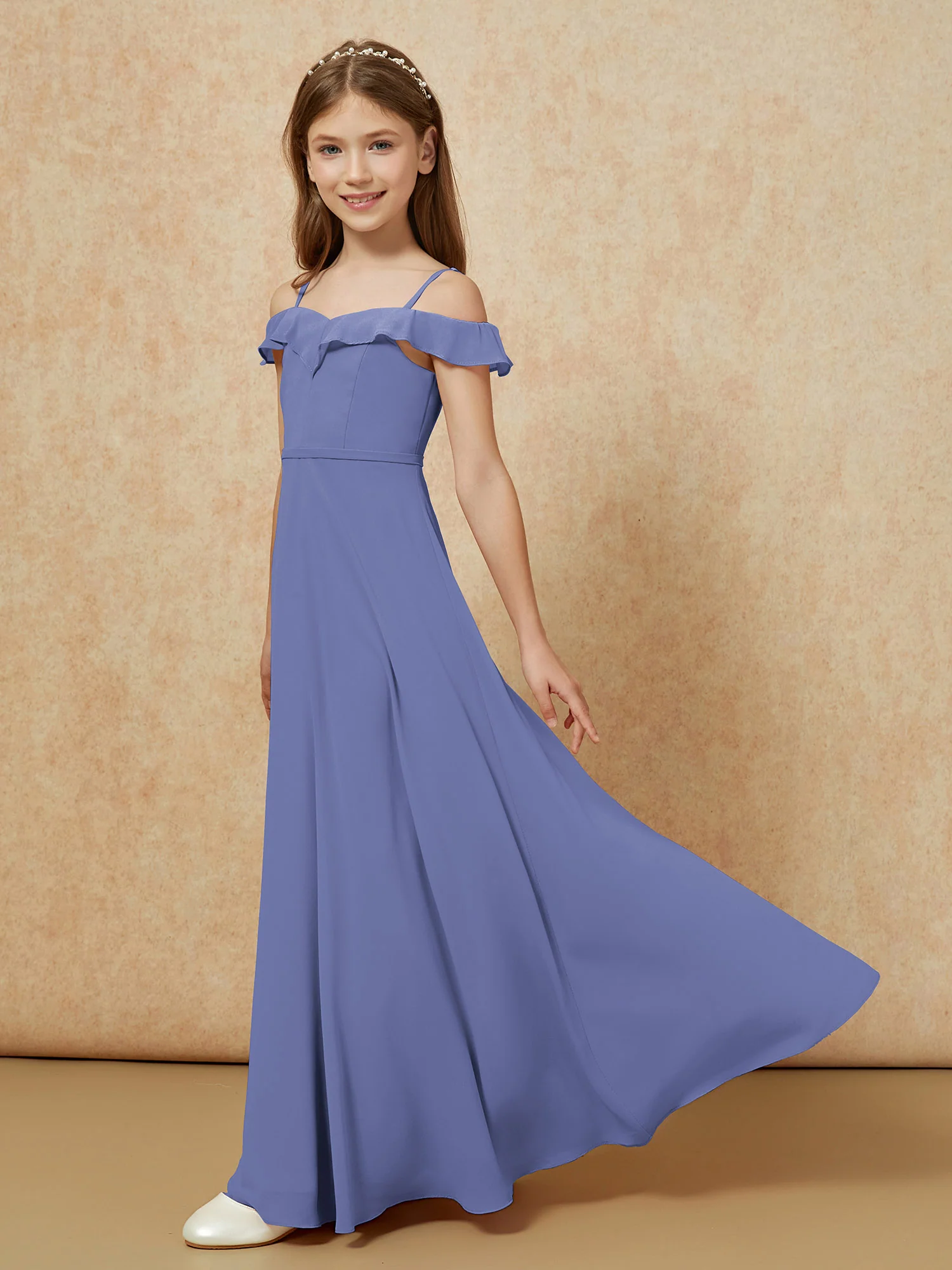 Off-the-shoulder A-Line Junior Bridesmaid Dresses Periwinkle - Image 3