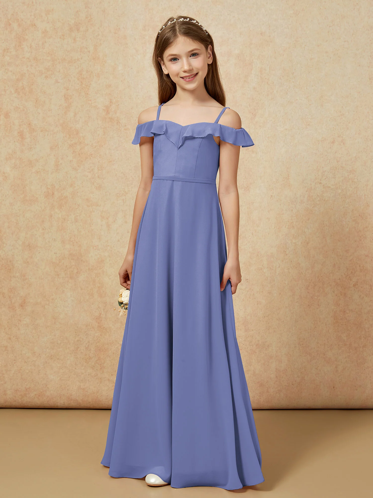 Off-the-shoulder A-Line Junior Bridesmaid Dresses Periwinkle - Image 5