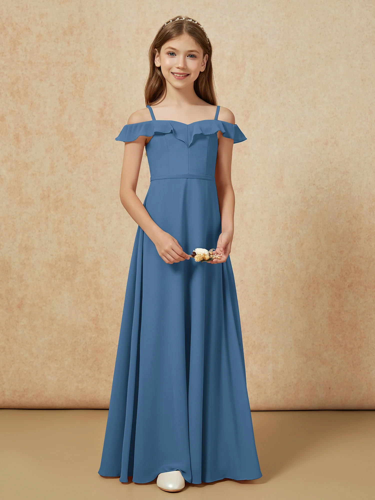 Off-the-shoulder A-Line Junior Bridesmaid Dresses Slate Blue