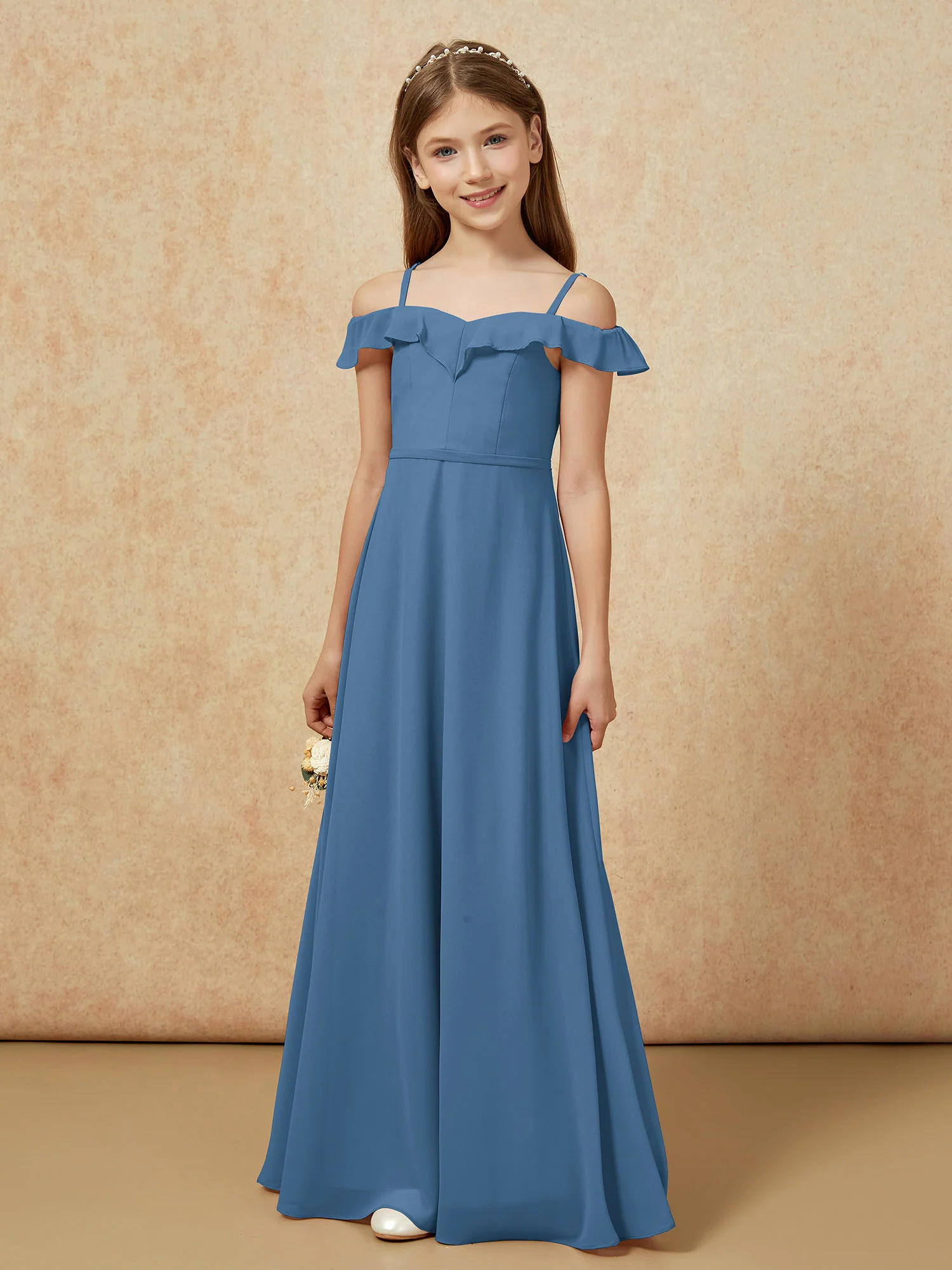 Off-the-shoulder A-Line Junior Bridesmaid Dresses Slate Blue - Image 5