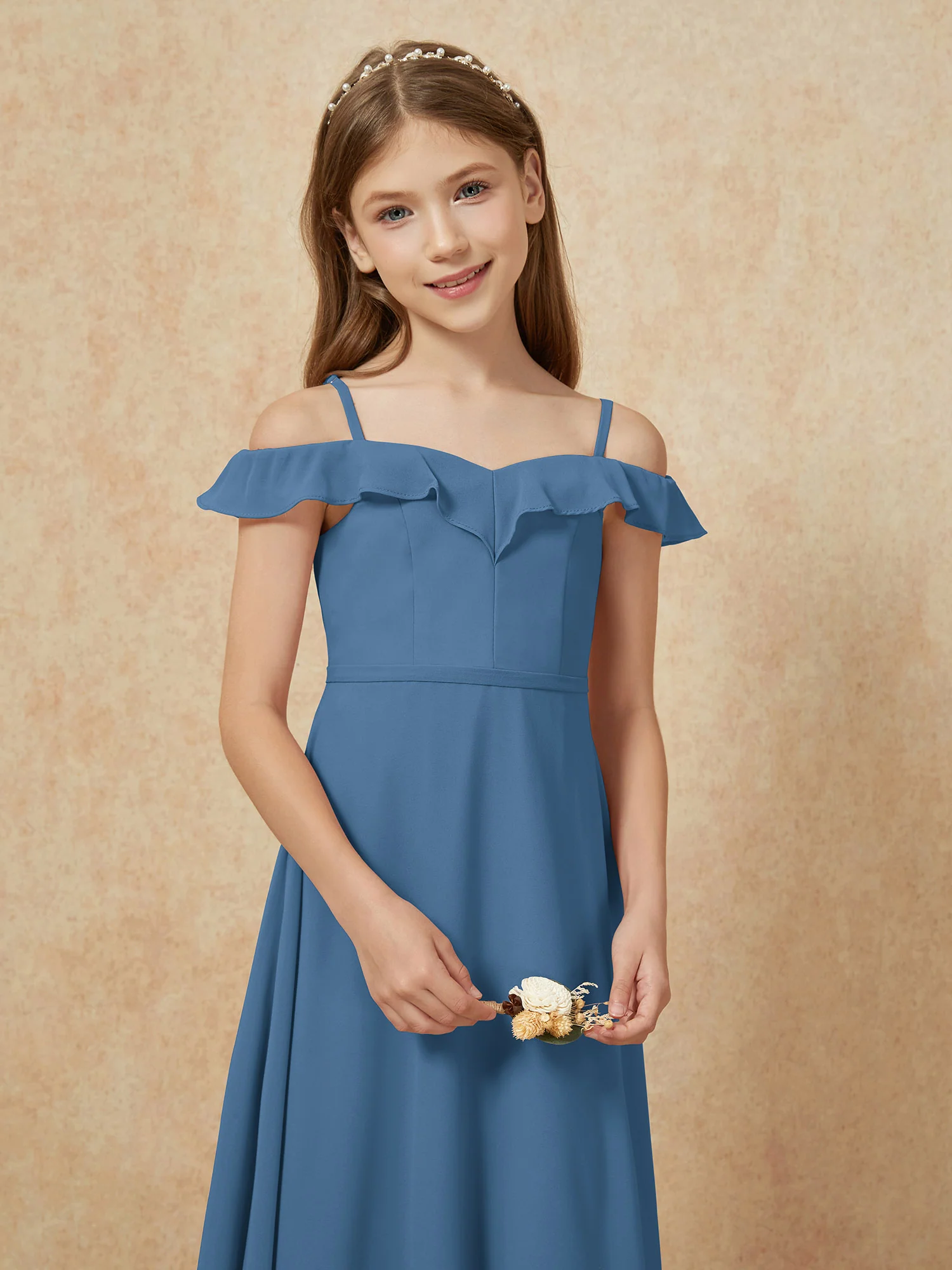 Off-the-shoulder A-Line Junior Bridesmaid Dresses Slate Blue - Image 6