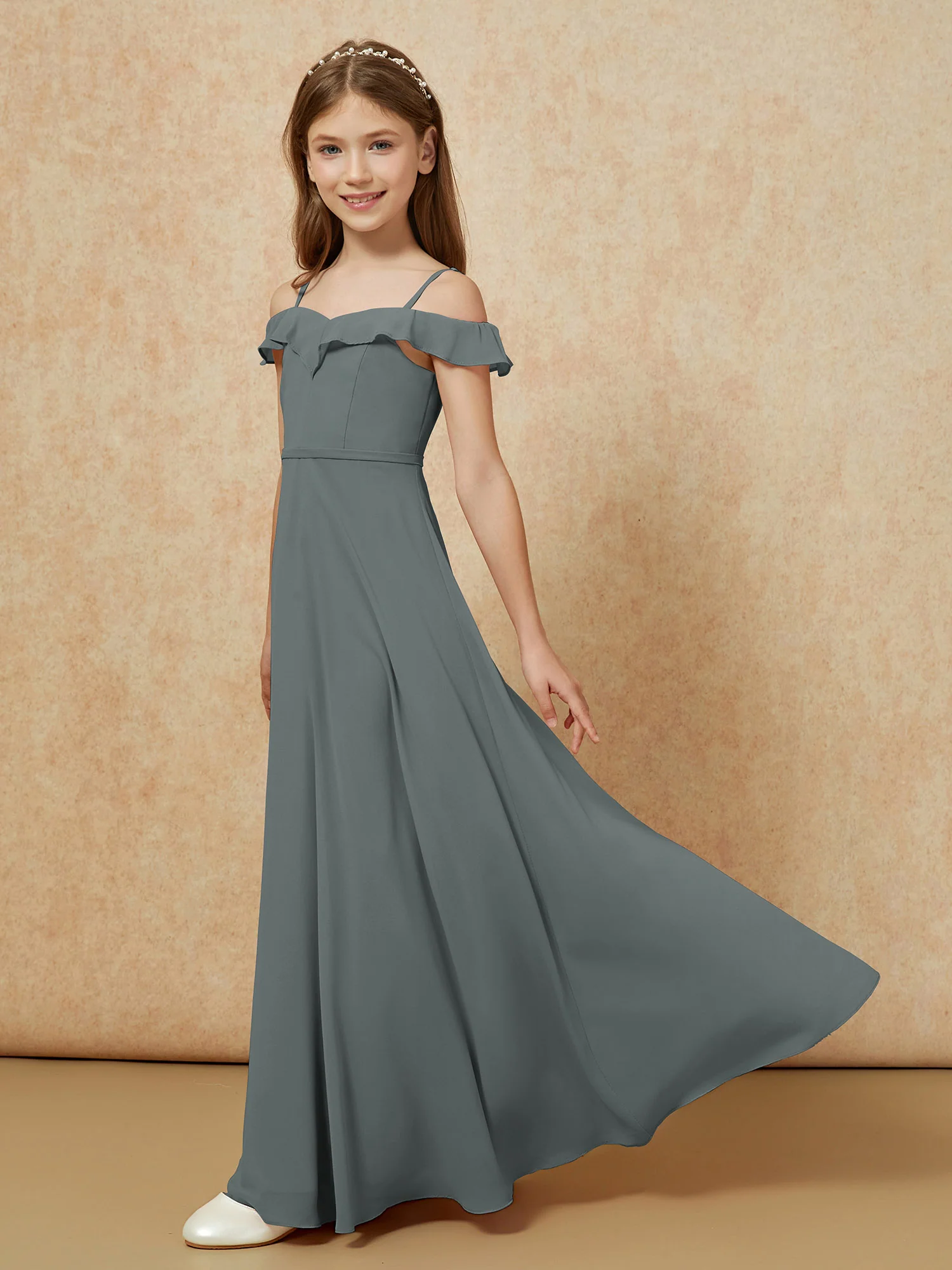 Off-the-shoulder A-Line Junior Bridesmaid Dresses Steel Grey - Image 3