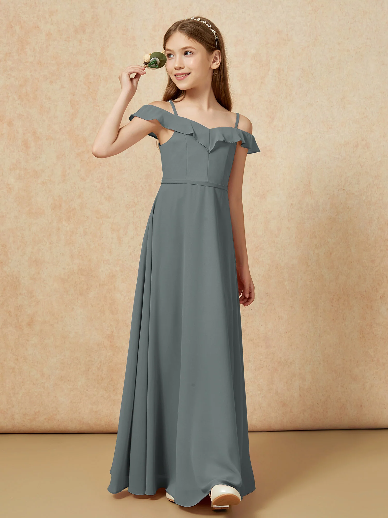 Off-the-shoulder A-Line Junior Bridesmaid Dresses Steel Grey - Image 4