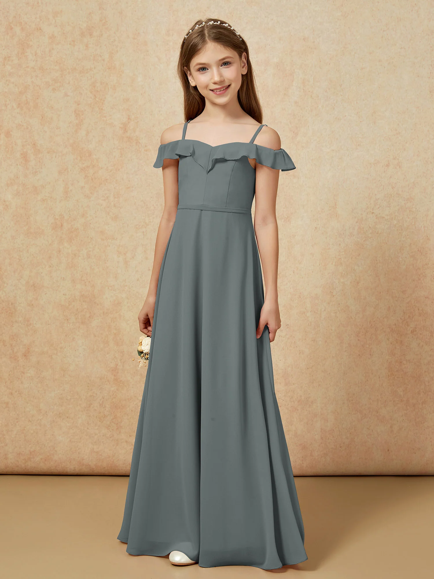 Off-the-shoulder A-Line Junior Bridesmaid Dresses Steel Grey - Image 5
