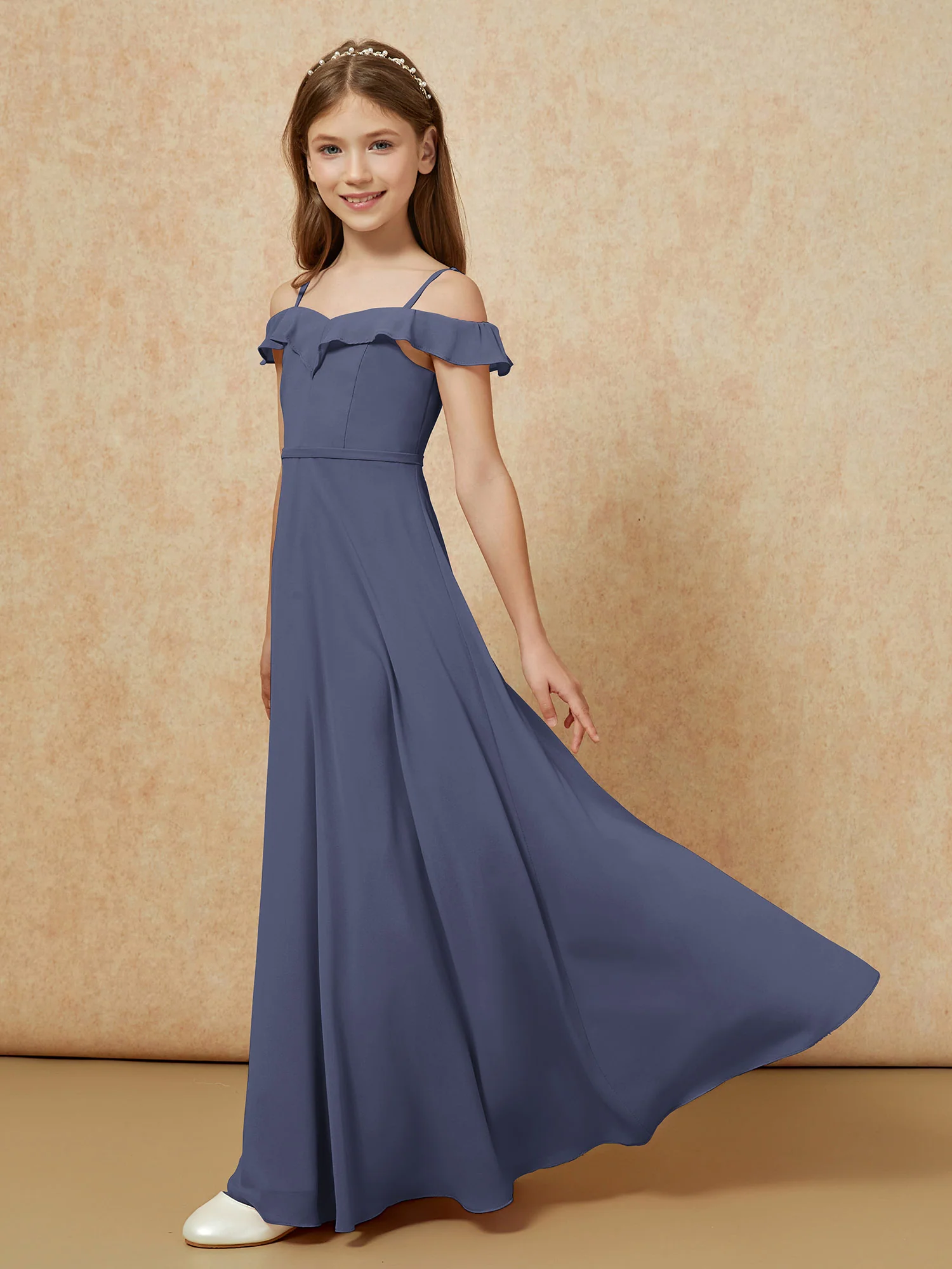 Off-the-shoulder A-Line Junior Bridesmaid Dresses Stormy - Image 3