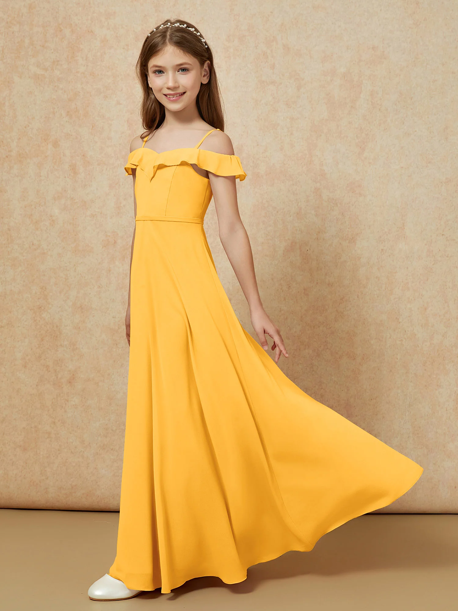 Off-the-shoulder A-Line Junior Bridesmaid Dresses Tangerine - Image 3