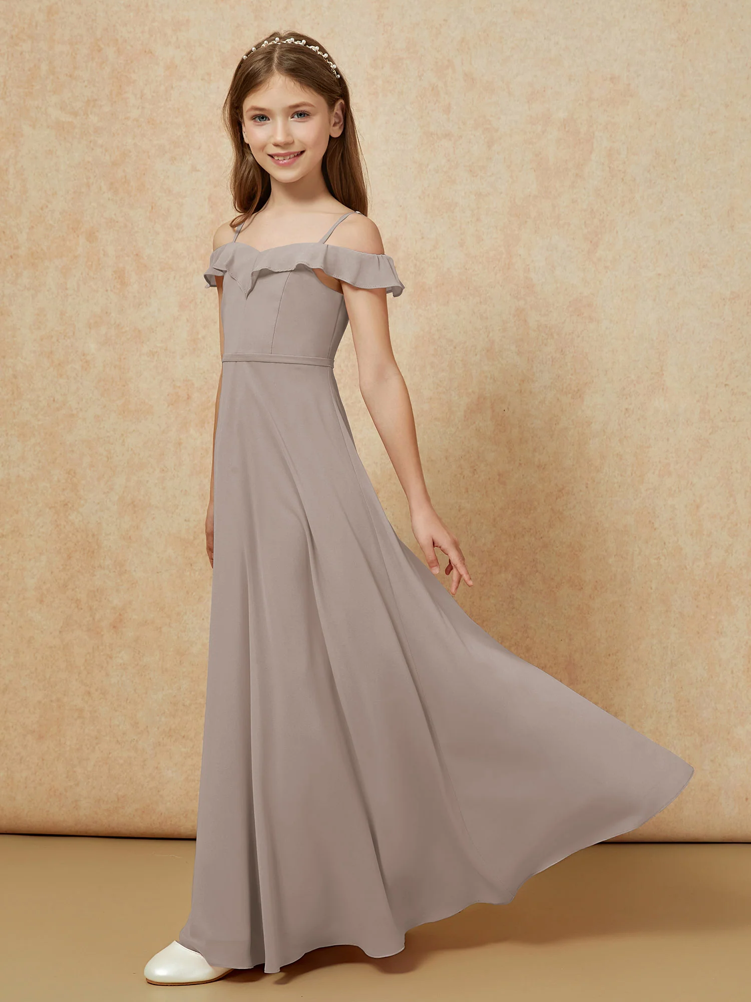 Off-the-shoulder A-Line Junior Bridesmaid Dresses Taupe - Image 3