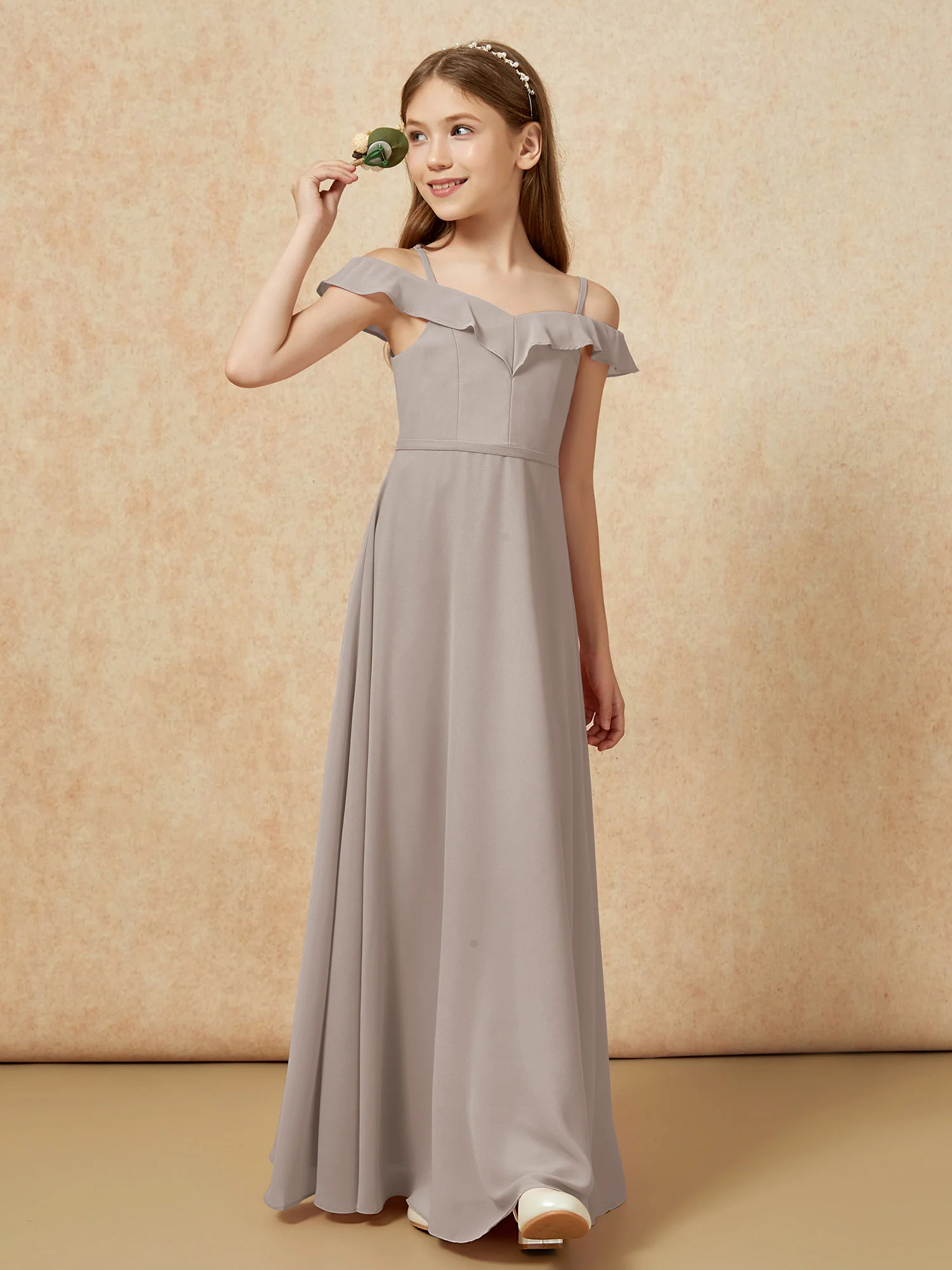 Off-the-shoulder A-Line Junior Bridesmaid Dresses Taupe - Image 4