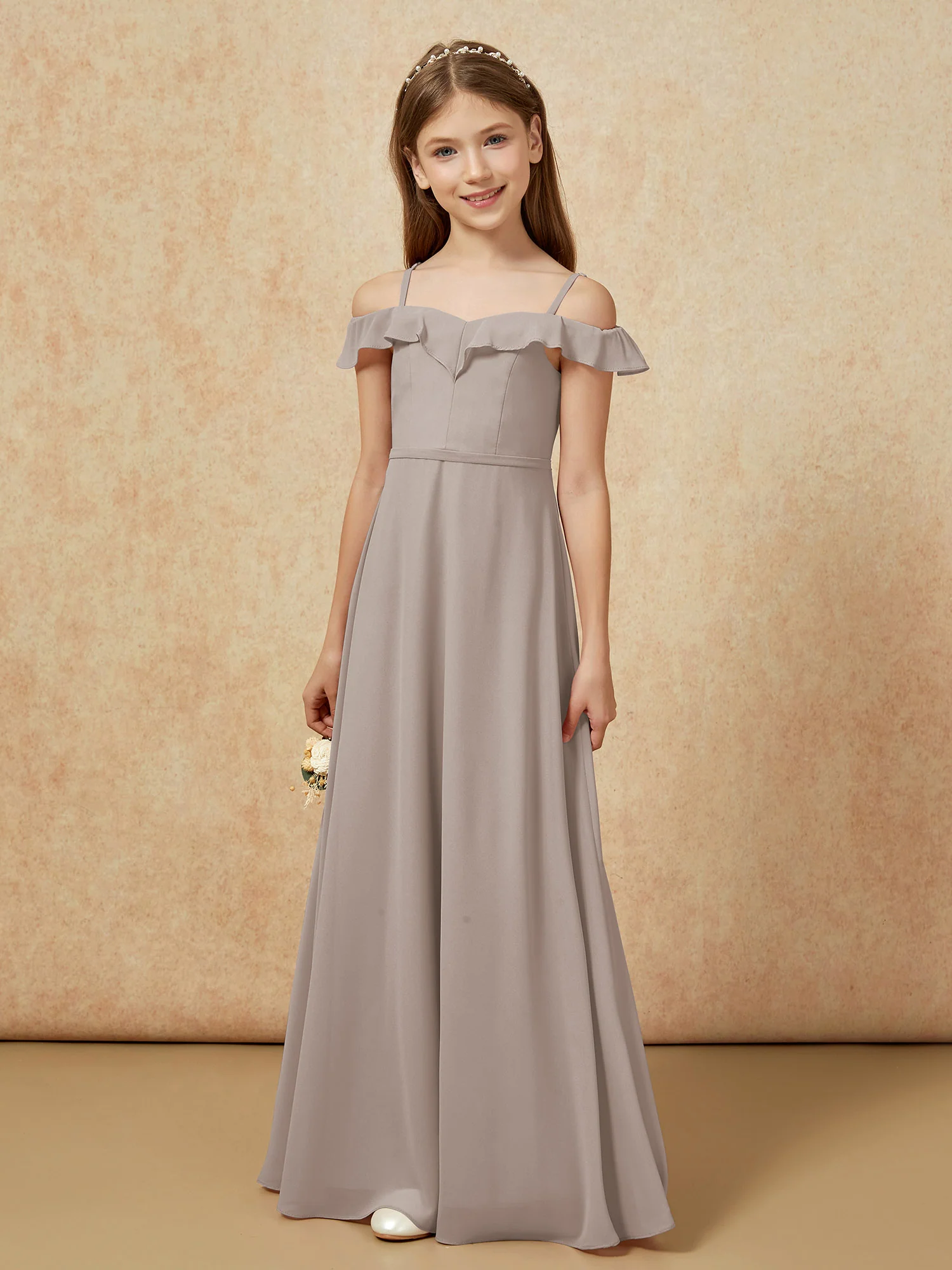 Off-the-shoulder A-Line Junior Bridesmaid Dresses Taupe - Image 5