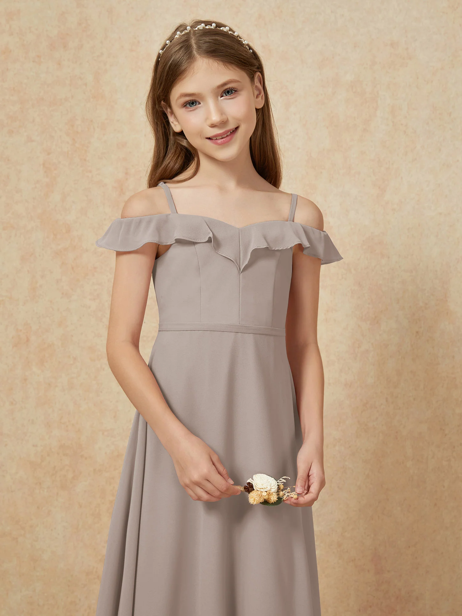 Off-the-shoulder A-Line Junior Bridesmaid Dresses Taupe - Image 6